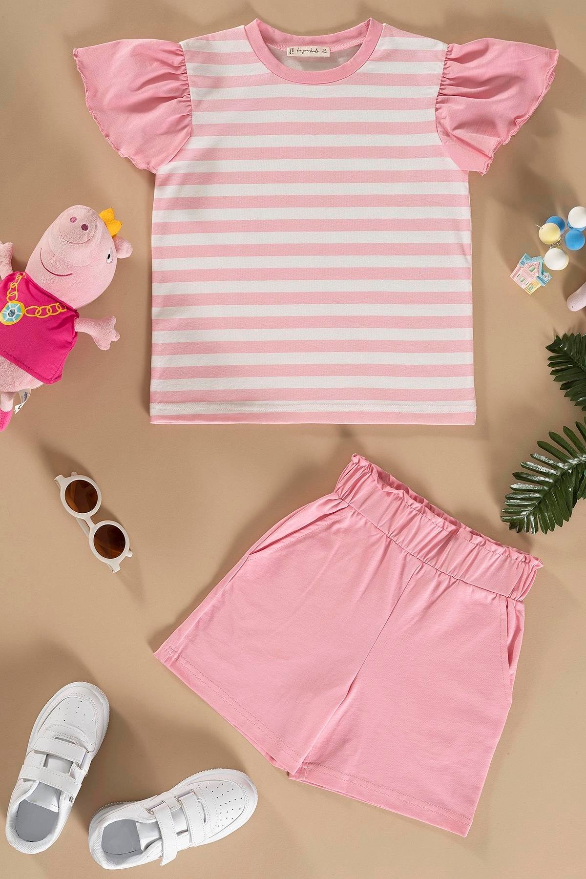 For You Kids Çizgili Volanlı Kol Tshirt Şort Pembe Takım For You Kids Çizgili Volanlı Kol Tshirt Şort Pembe Takım