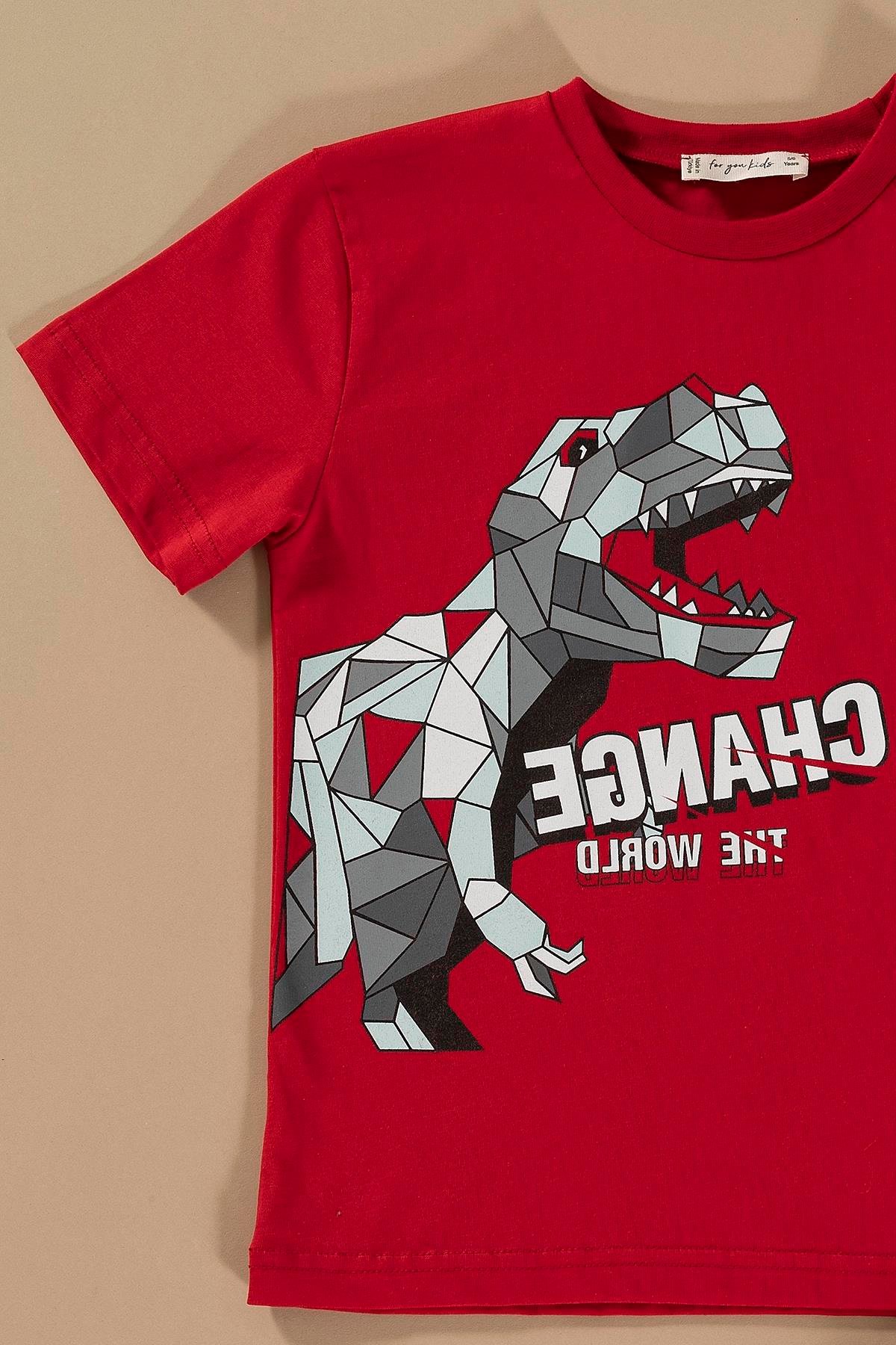 For You Kids Dinozor Baskılı Kırmızı Alt Üst Şort Takım  For You Kids Dinozor Baskılı Kırmızı Alt Üst Şort Takım