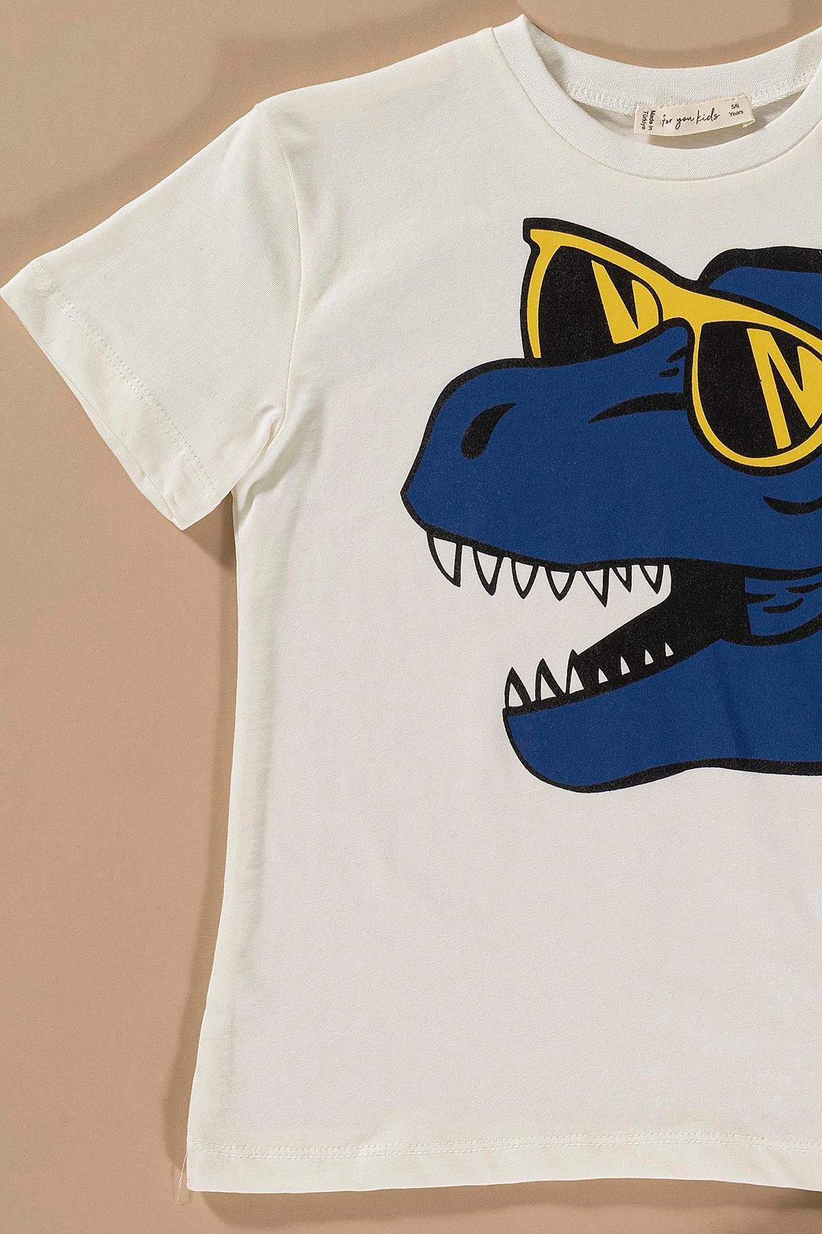 For You Kids Dinozor Baskılı Saks Alt Üst Şort Takım  For You Kids Dinozor Baskılı Saks Alt Üst Şort Takım