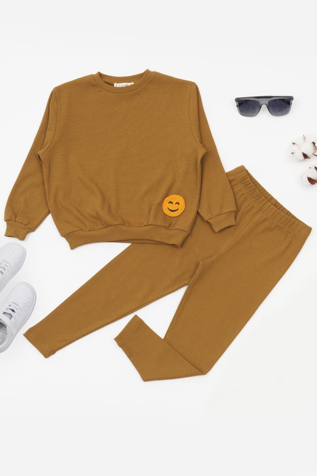 For You Kids Emoji Nakışlı Taytlı Hardal Alt Üst Takım  For You Kids Emoji Nakışlı Taytlı Hardal Alt Üst Takım 
