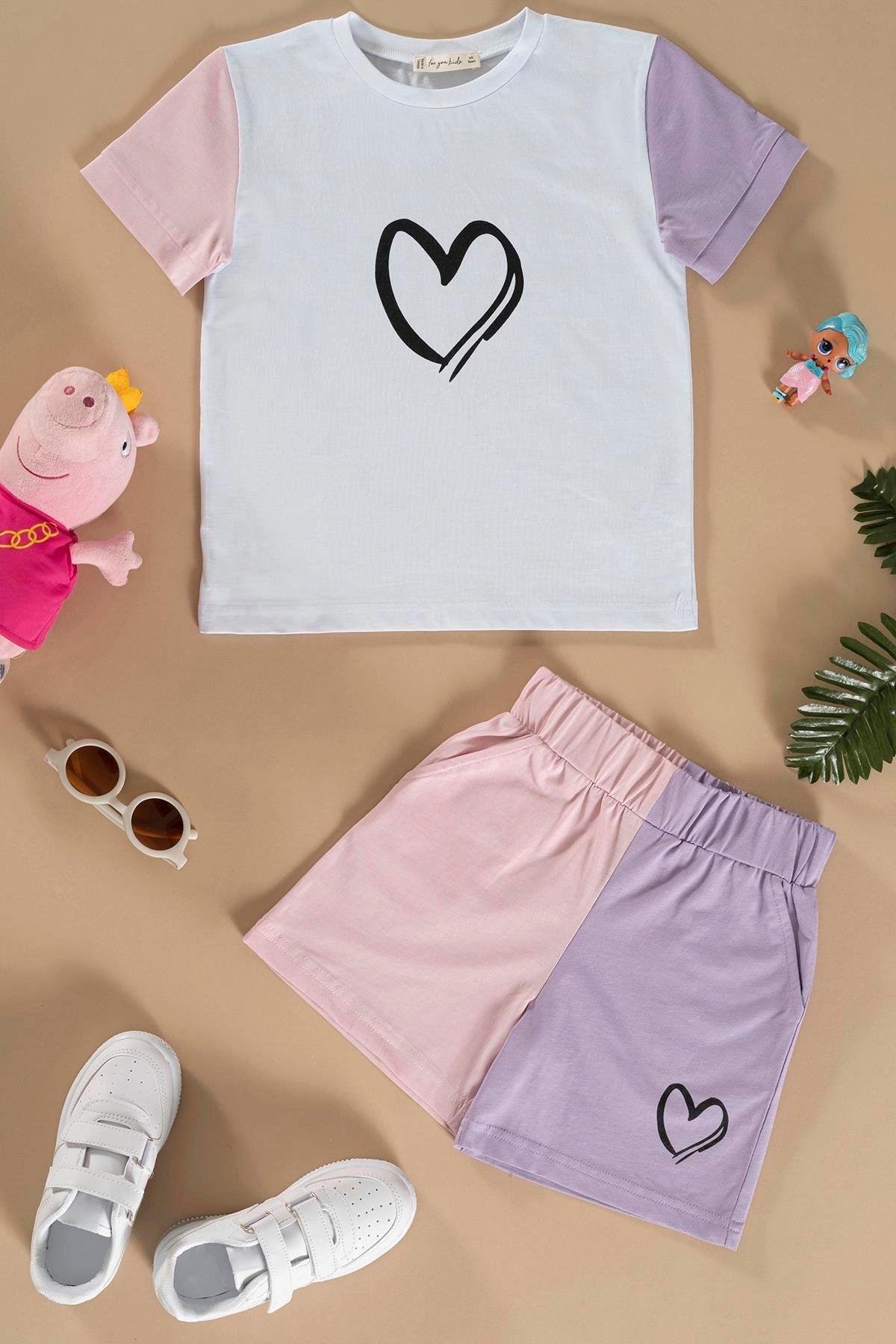 Kalp Baskılı Lila Tshirt Şort Takım For You Kids Kalp Baskılı Lila Tshirt Şort Takım
