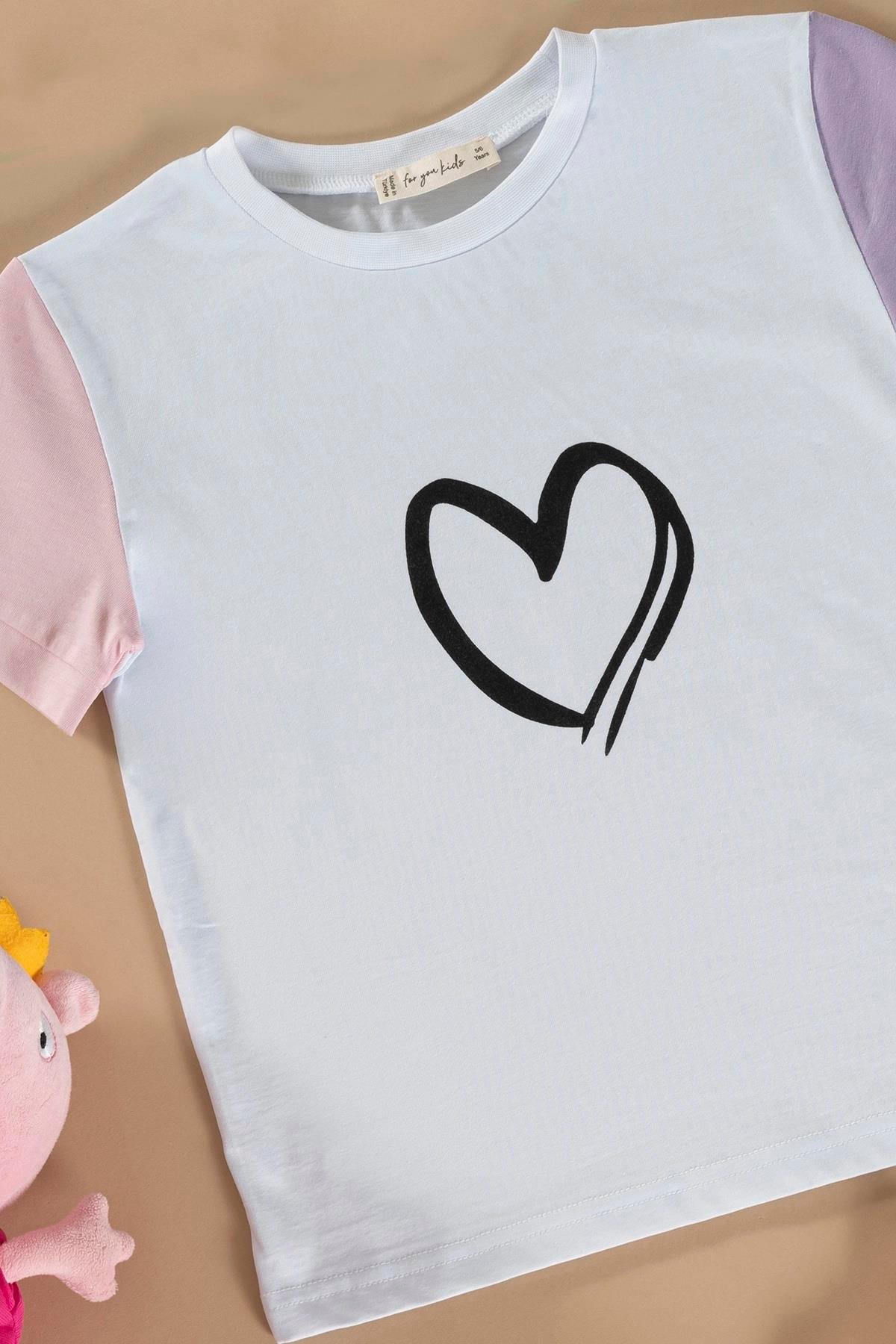 Kalp Baskılı Lila Tshirt Şort Takım For You Kids Kalp Baskılı Lila Tshirt Şort Takım