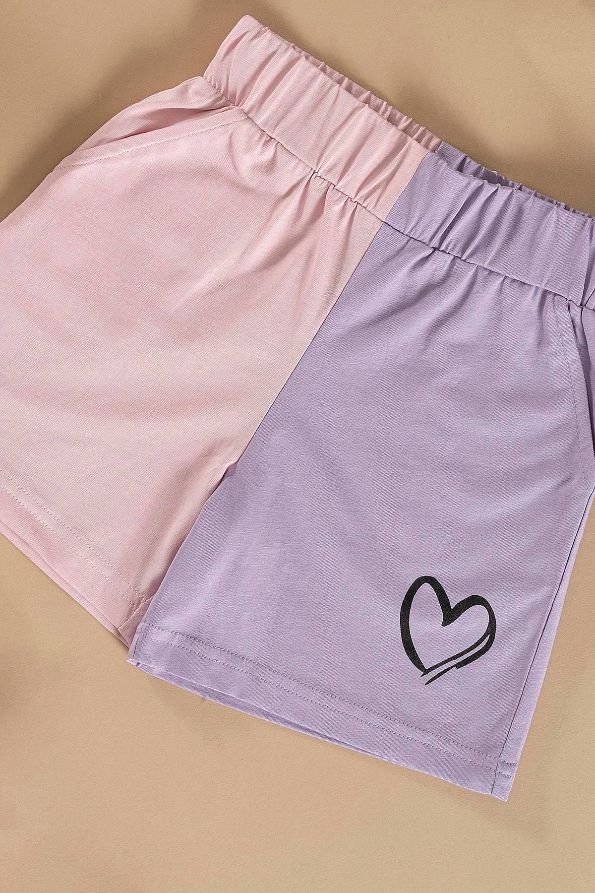 Kalp Baskılı Lila Tshirt Şort Takım For You Kids Kalp Baskılı Lila Tshirt Şort Takım