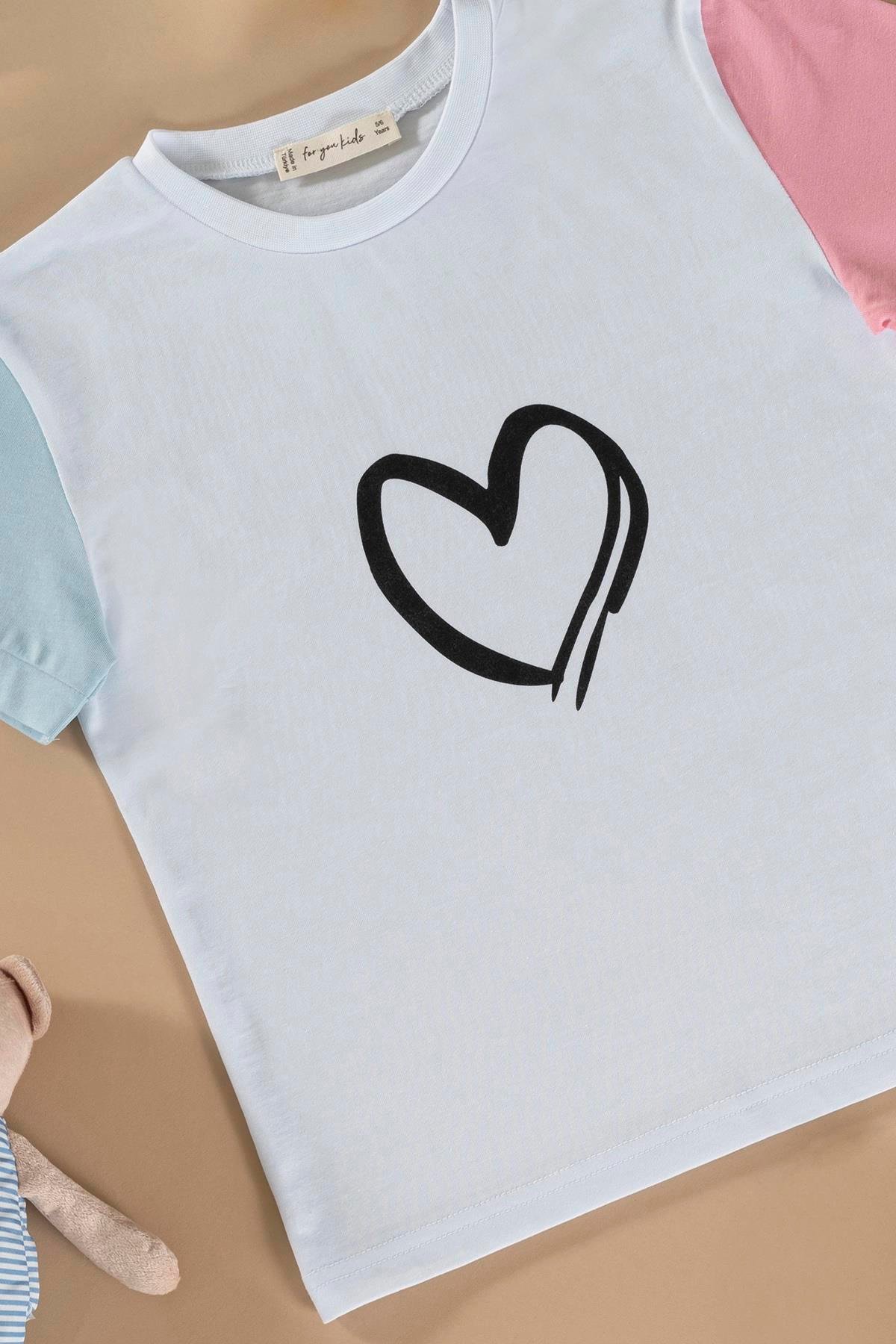 Kalp Baskılı Pembe Tshirt Şort Takım  For You Kids Kalp Baskılı Pembe Tshirt Şort Takım 