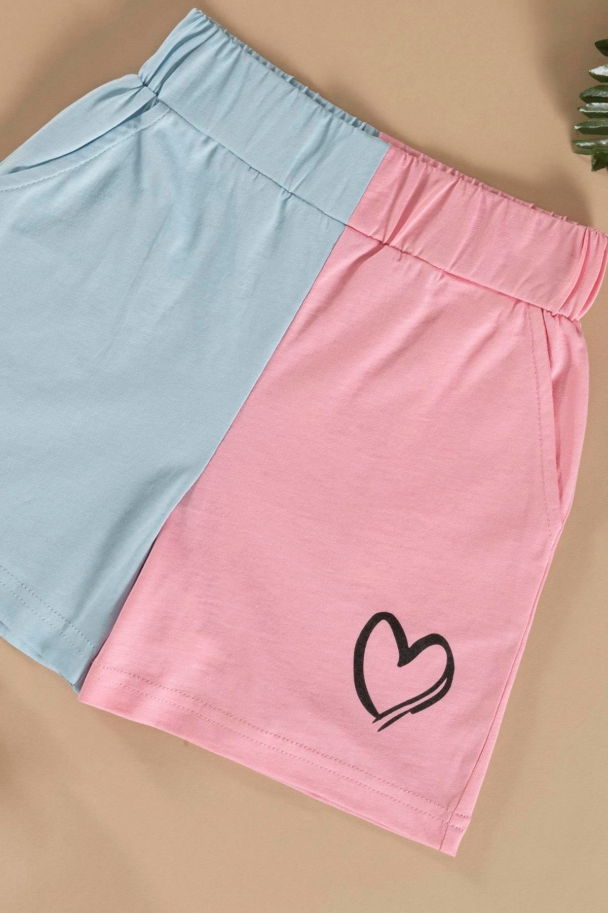 Kalp Baskılı Pembe Tshirt Şort Takım  For You Kids Kalp Baskılı Pembe Tshirt Şort Takım 