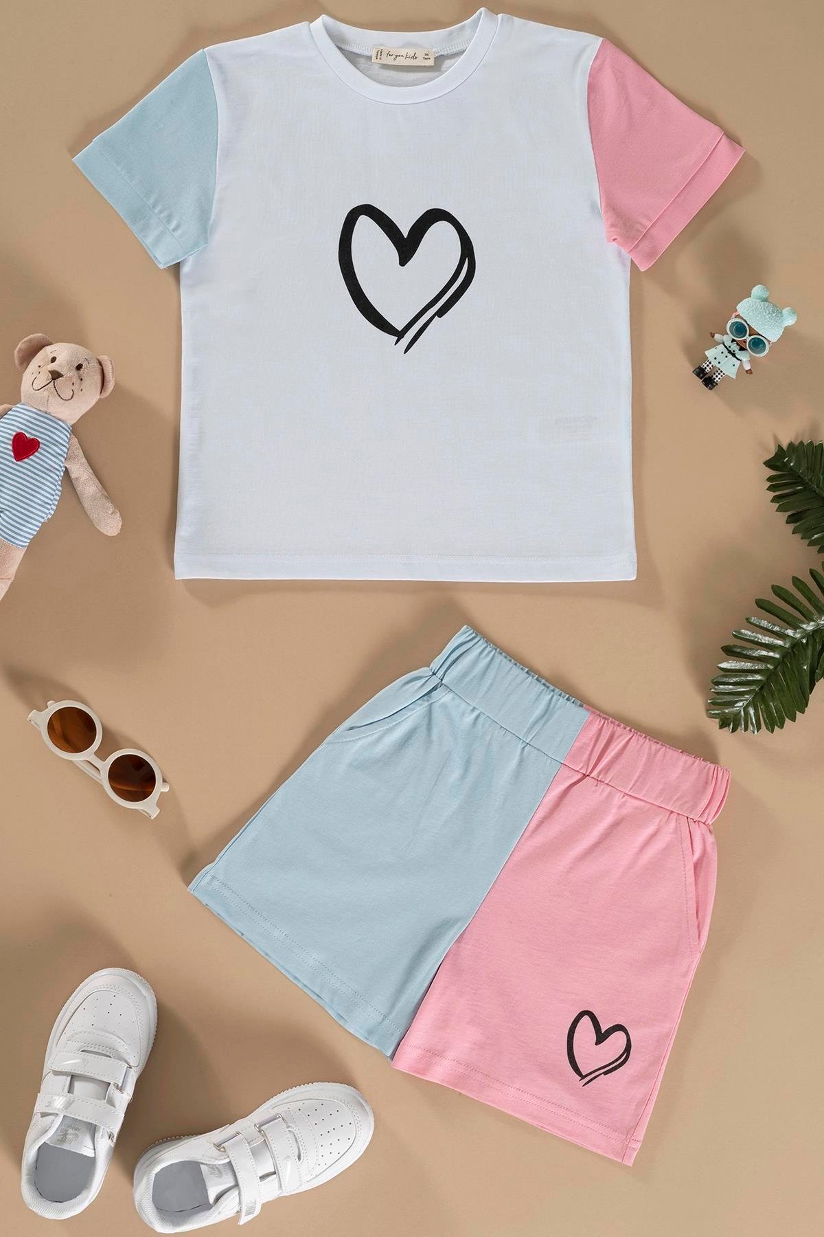 Kalp Baskılı Pembe Tshirt Şort Takım  For You Kids Kalp Baskılı Pembe Tshirt Şort Takım 