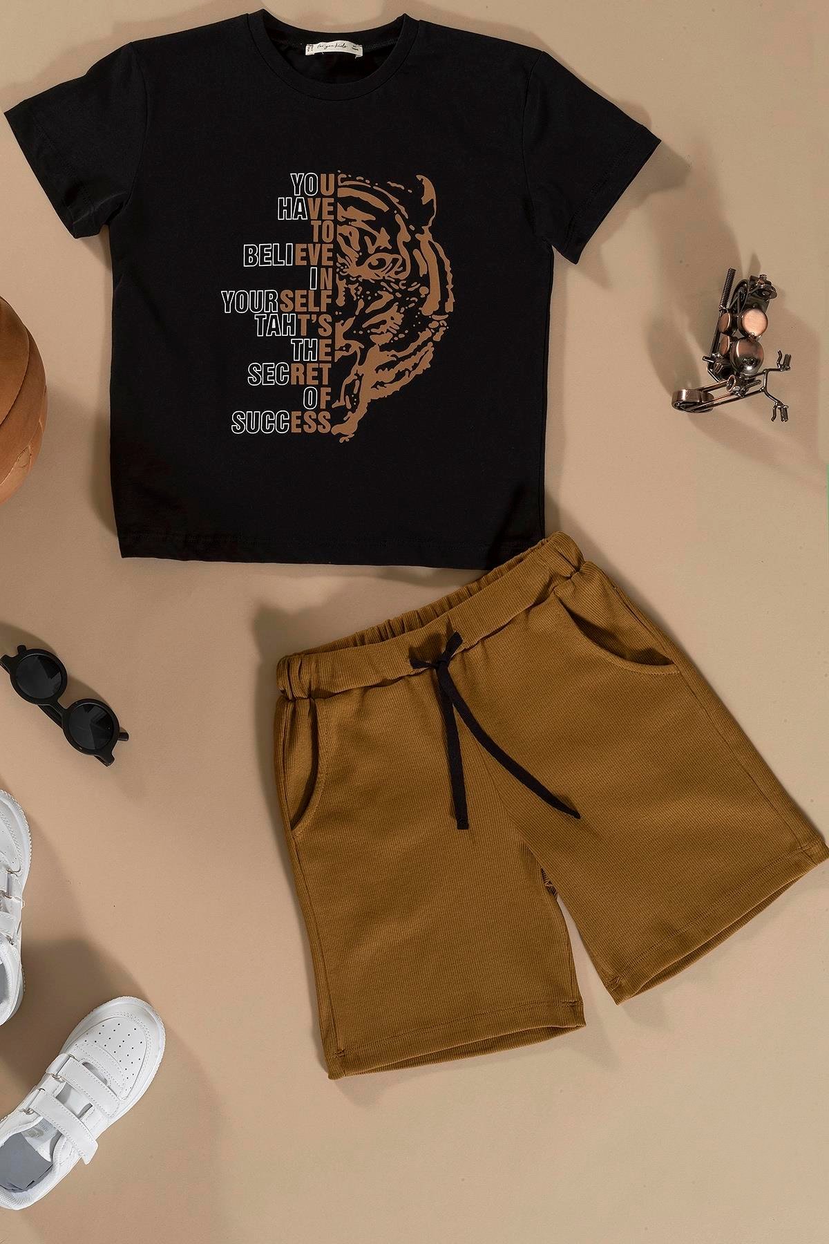 For You Kids Kaplan Baskılı Siyah Alt Üst Şort Takım  For You Kids Kaplan Baskılı Siyah Alt Üst Şort Takım