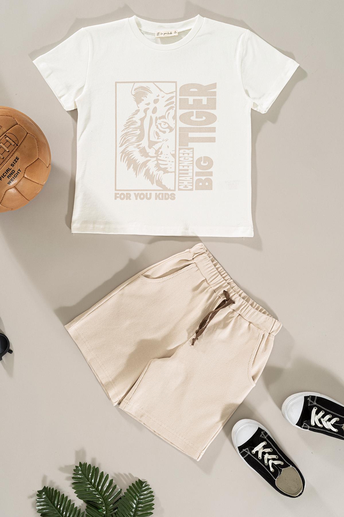 For You Kids Kaplan Baskılı Taş Tshirt Şort Takım  For You Kids Kaplan Baskılı Taş Tshirt Şort Takım 