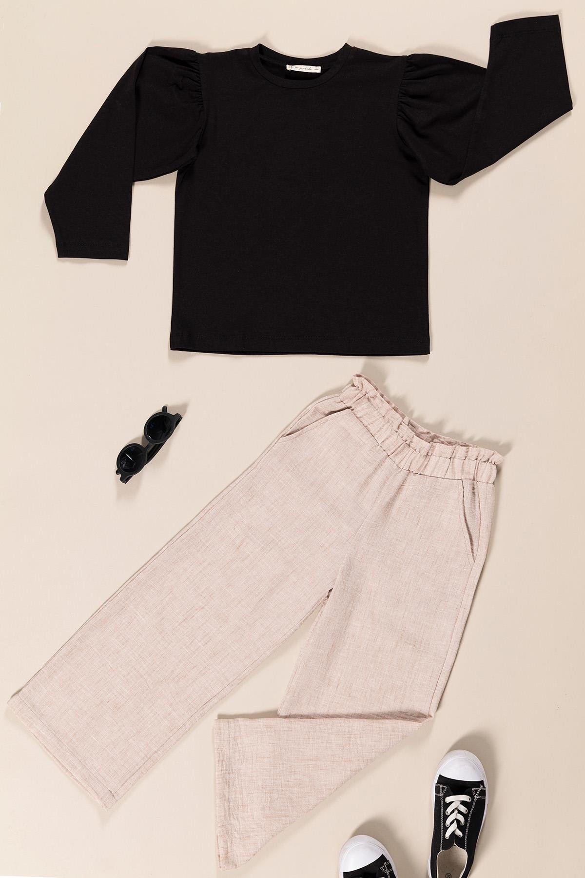 For You Kids Kız Çocuk Keten Pantolon ve Pamuk Sweatshirt Takım – Siyah Üst & Bej Alt (2’li Set) For You Kids Kız Çocuk Keten Pantolon ve Pamuk Sweatshirt Takım – Siyah Üst & Bej Alt (2’li Set)