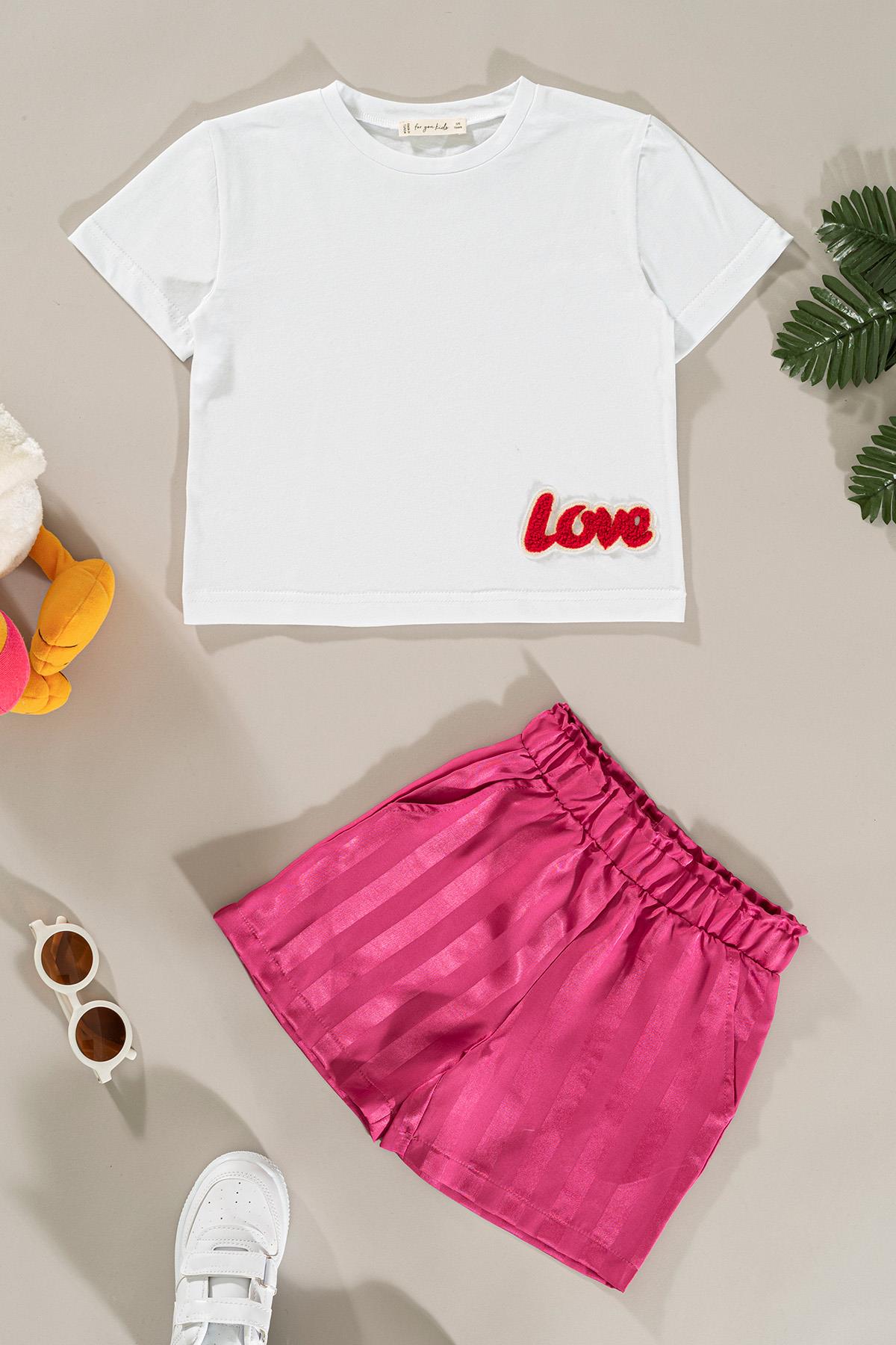 For You Kids Love Nakışlı Fuşya Beyaz Jakarlı Şort Alt Üst Takım For You Kids Love Nakışlı Fuşya Beyaz Jakarlı Şort Alt Üst Takım