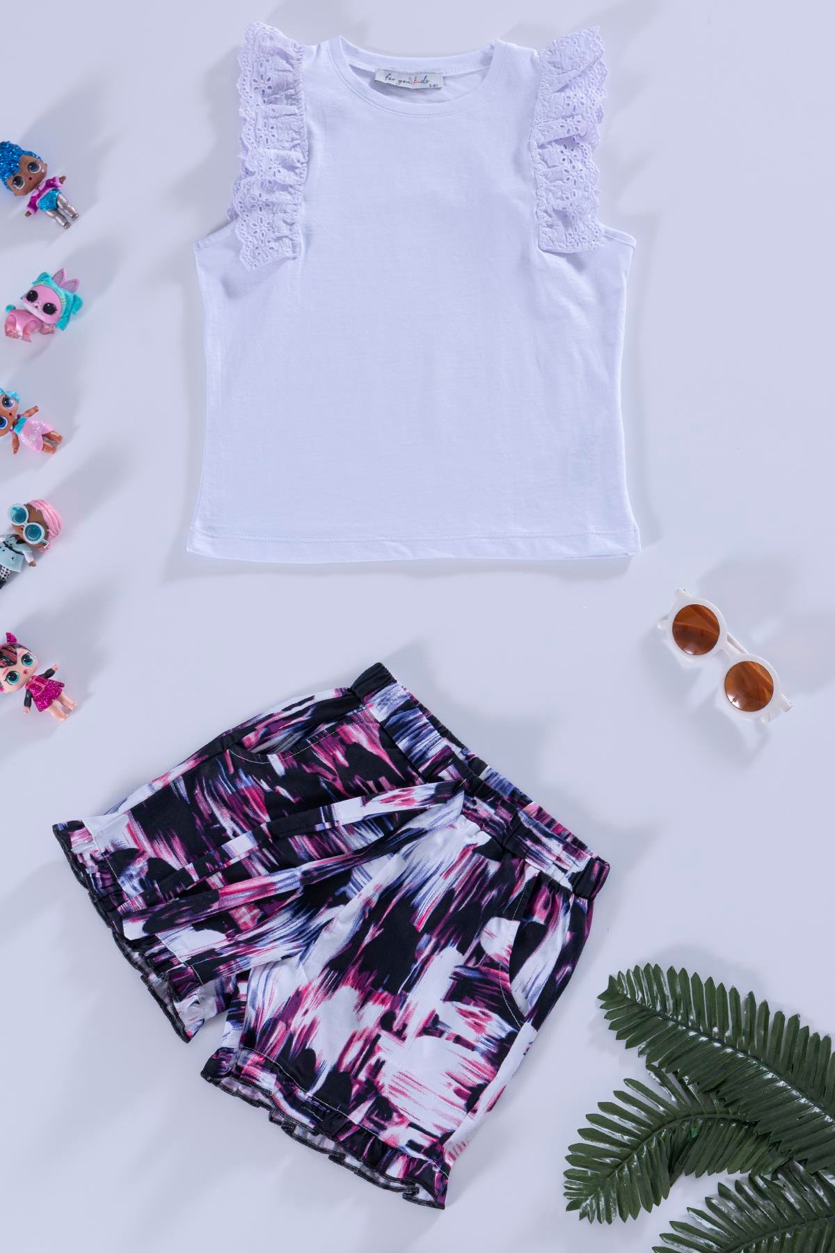 For You Kids Omuz Dantelli Mor Beyaz Bluz Şort Takım For You Kids Omuz Dantelli Mor Beyaz Bluz Şort Takım