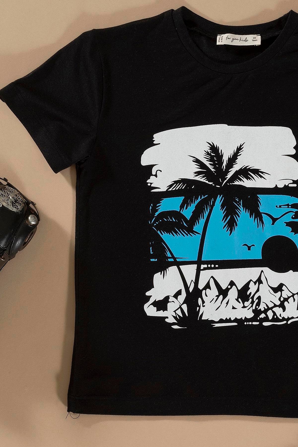 For You Kids Safari Baskılı Siyah Alt Üst Şort Takım  For You Kids Safari Baskılı Siyah Alt Üst Şort Takım