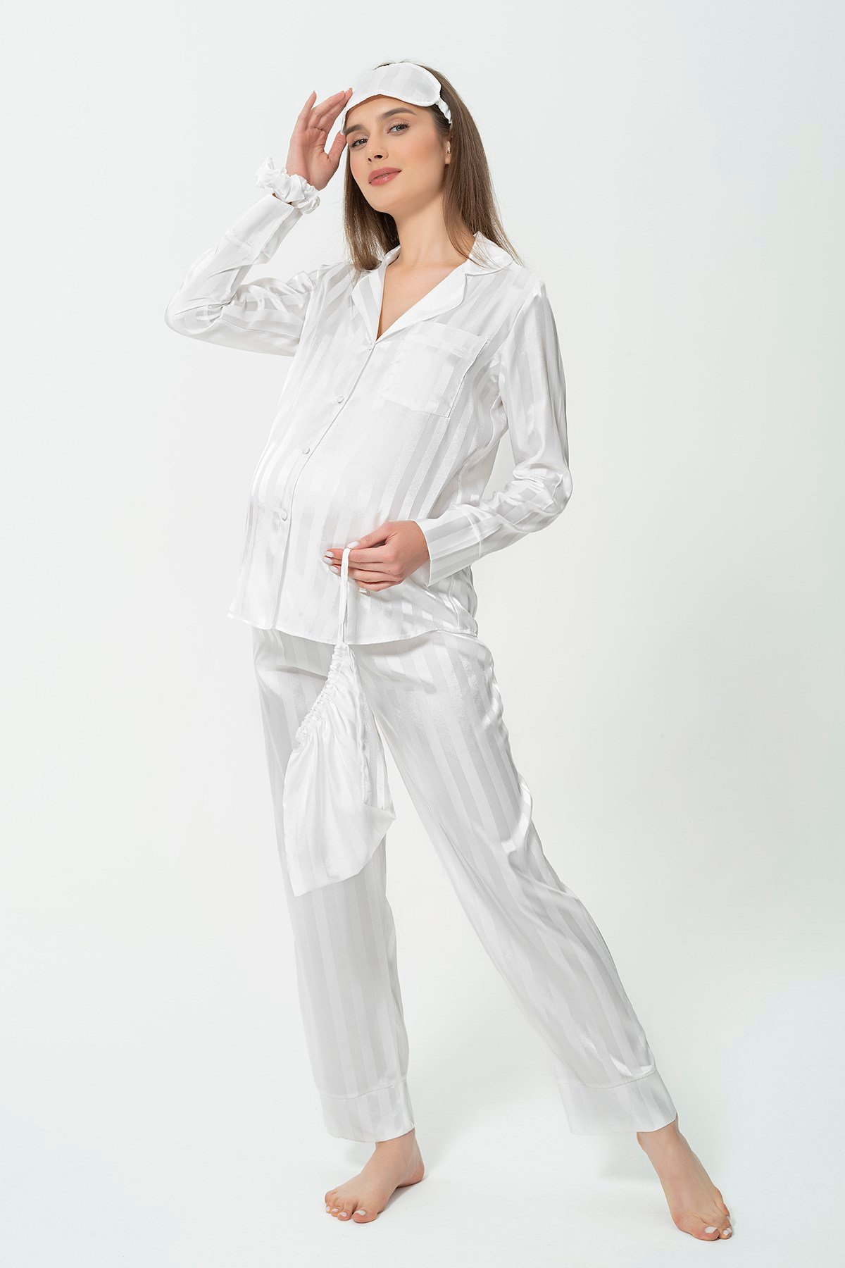 For You Mama/For You Moda For You Mama For You Mama 5 li Ekru Çizgili Beyaz Uzun Kol Pijama Takımı