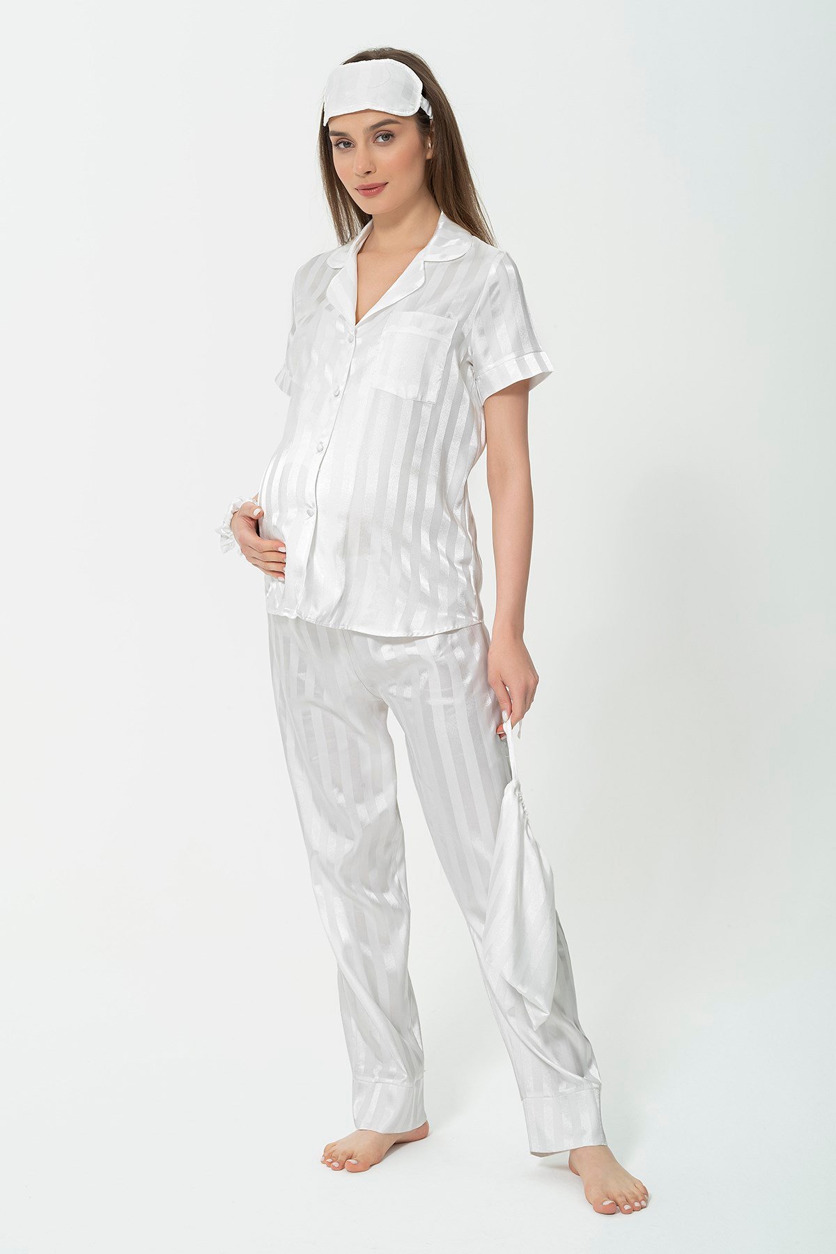 For You Mama/For You Moda For You Mama For You Mama 5 li  Saten Beyaz Jakarlı Kısakol Pijama Takımı