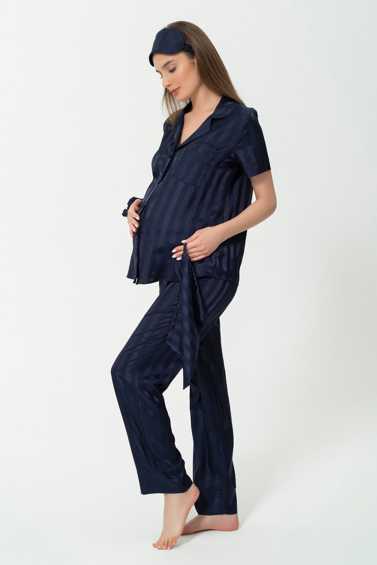 For You Mama/For You Moda For You Mama For You Mama 5 li  Saten Lacivert Jakarlı Kısakol Pijama Takımı