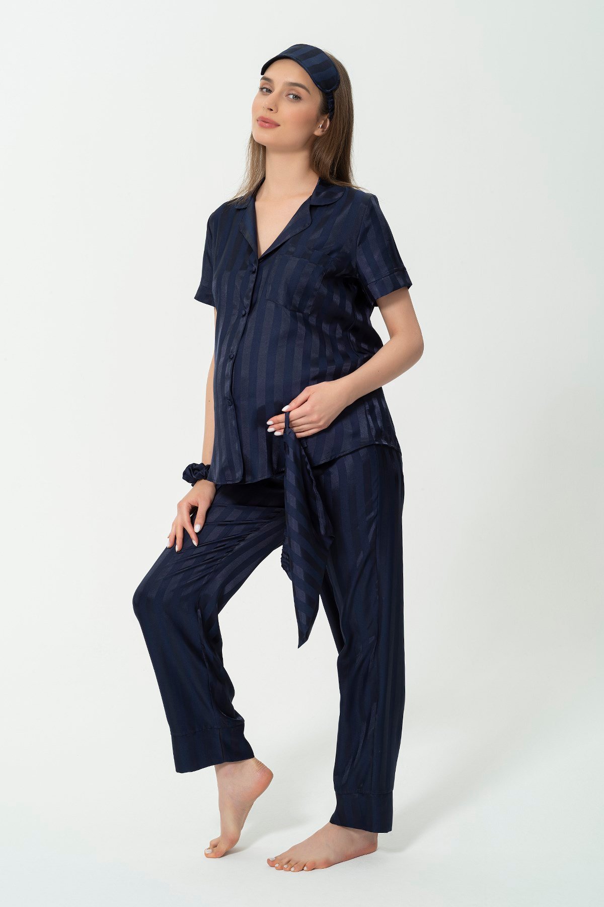 For You Mama/For You Moda For You Mama For You Mama 5 li  Saten Lacivert Jakarlı Kısakol Pijama Takımı