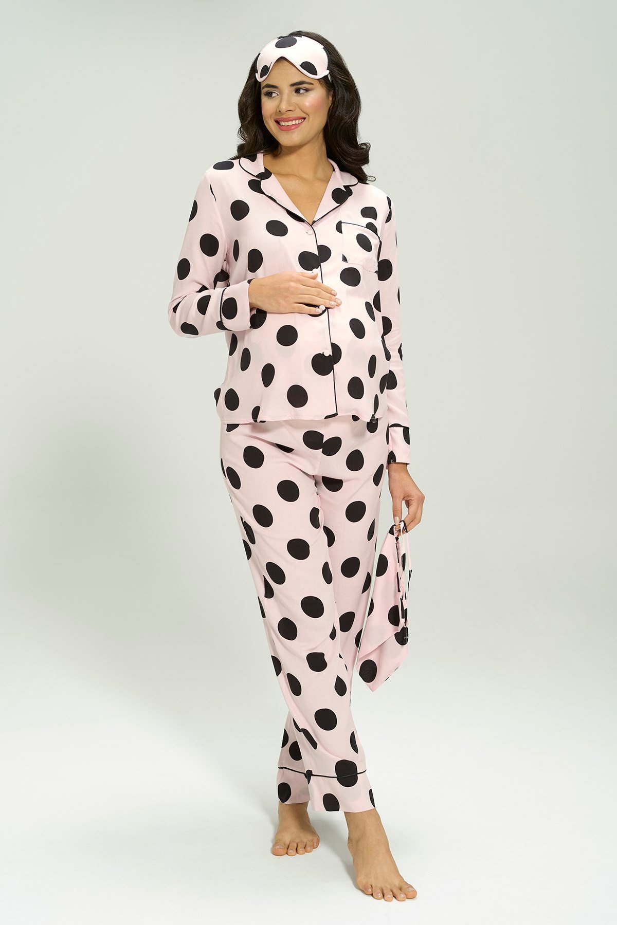 For You Mama/Anne Pijama Takımları For You Mama For You Mama 5 li Viskon Uzun Kol Siyah Puantiyeli Pembe Pijama Takımı