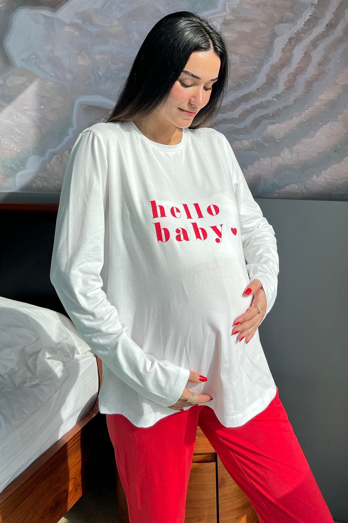 For You Mama Hello Baby Baskılı Hamile Uzun Kol Ekru Pijama Takımı For You Mama Hello Baby Baskılı Hamile Uzun Kol Ekru Pijama Takımı