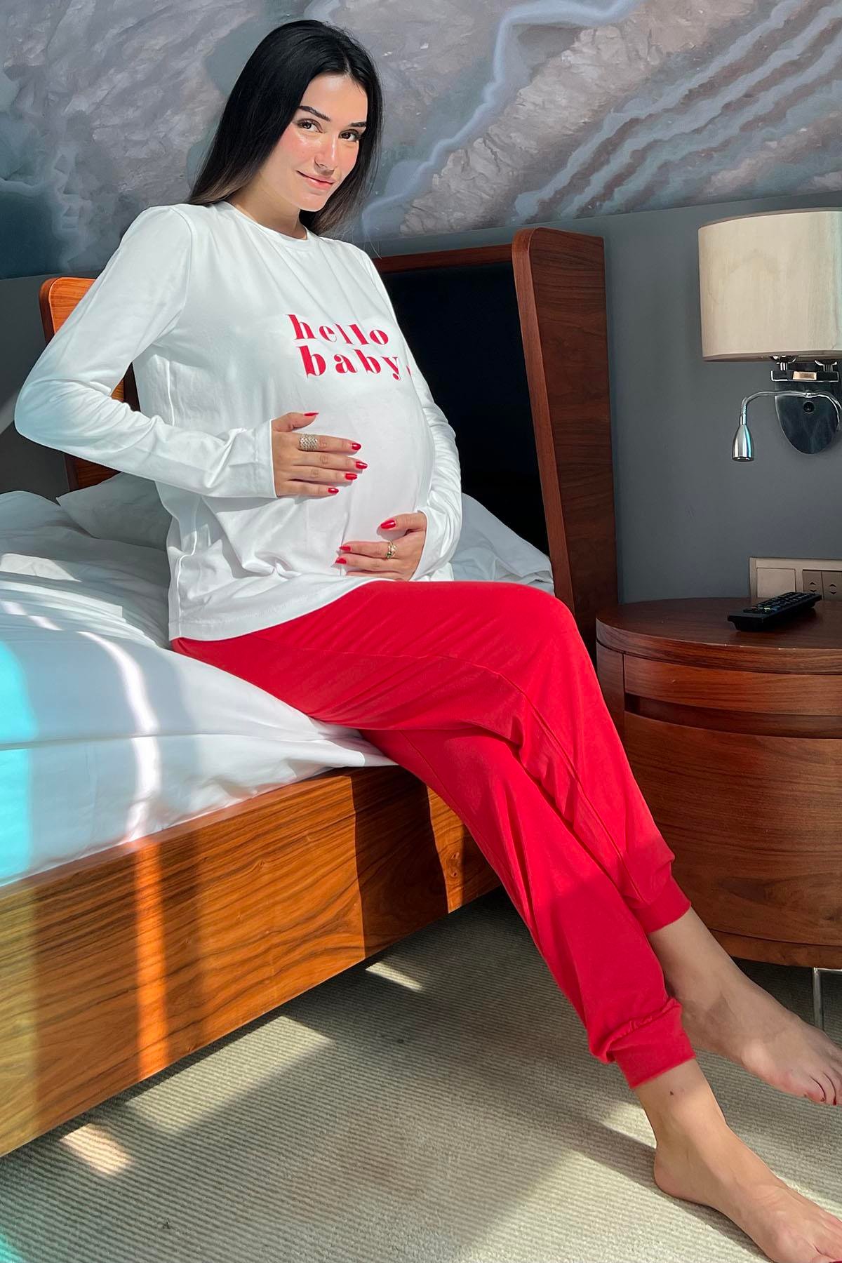 For You Mama Hello Baby Baskılı Hamile Uzun Kol Ekru Pijama Takımı For You Mama Hello Baby Baskılı Hamile Uzun Kol Ekru Pijama Takımı