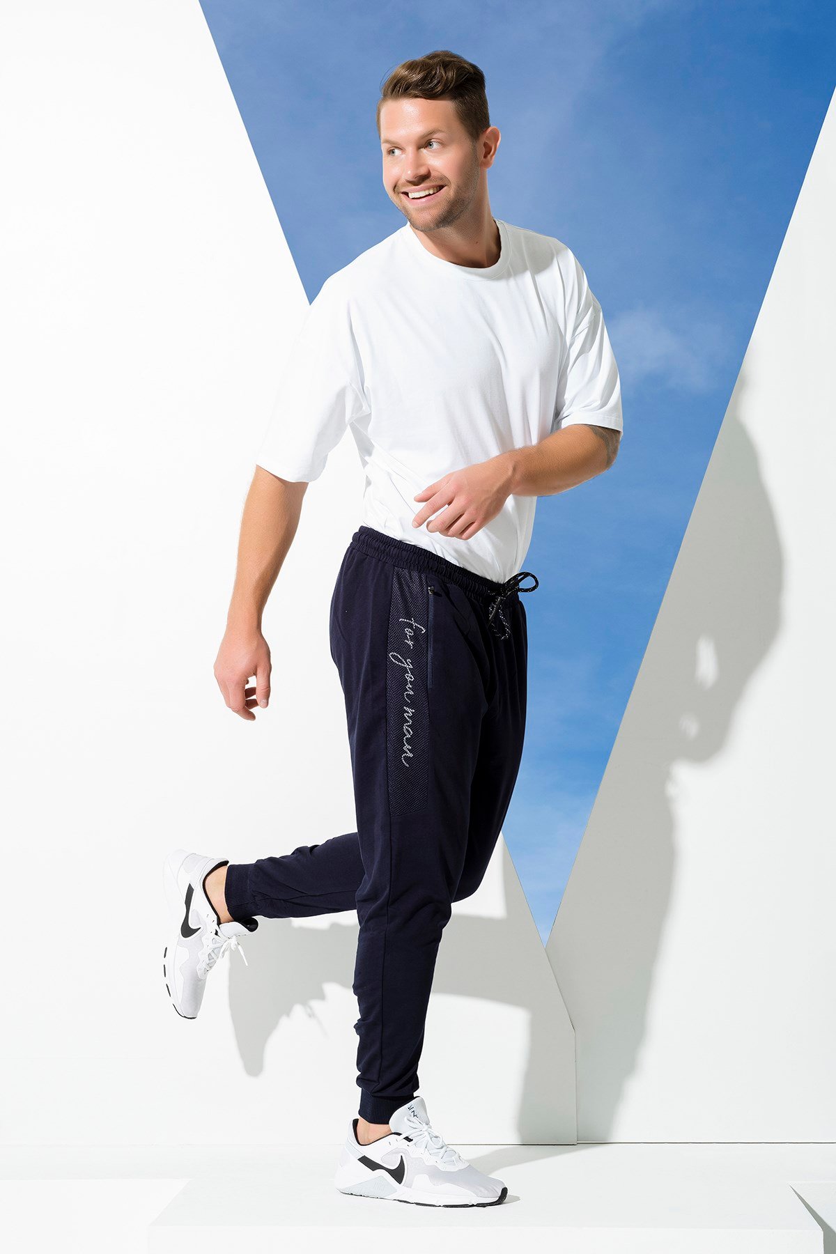 For You Man/For You Moda For You Man For You Man 2 li Pamuklu Yanı File Detay Tshırt Lacivert Joger Takım