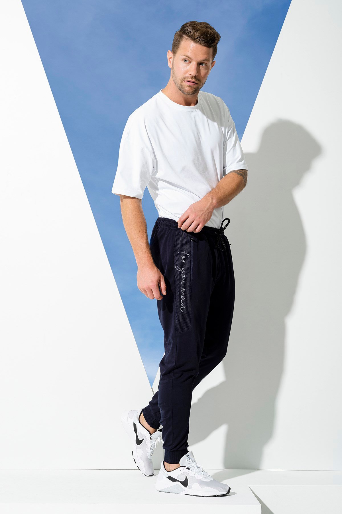 For You Man/For You Moda For You Man For You Man 2 li Pamuklu Yanı File Detay Tshırt Lacivert Joger Takım