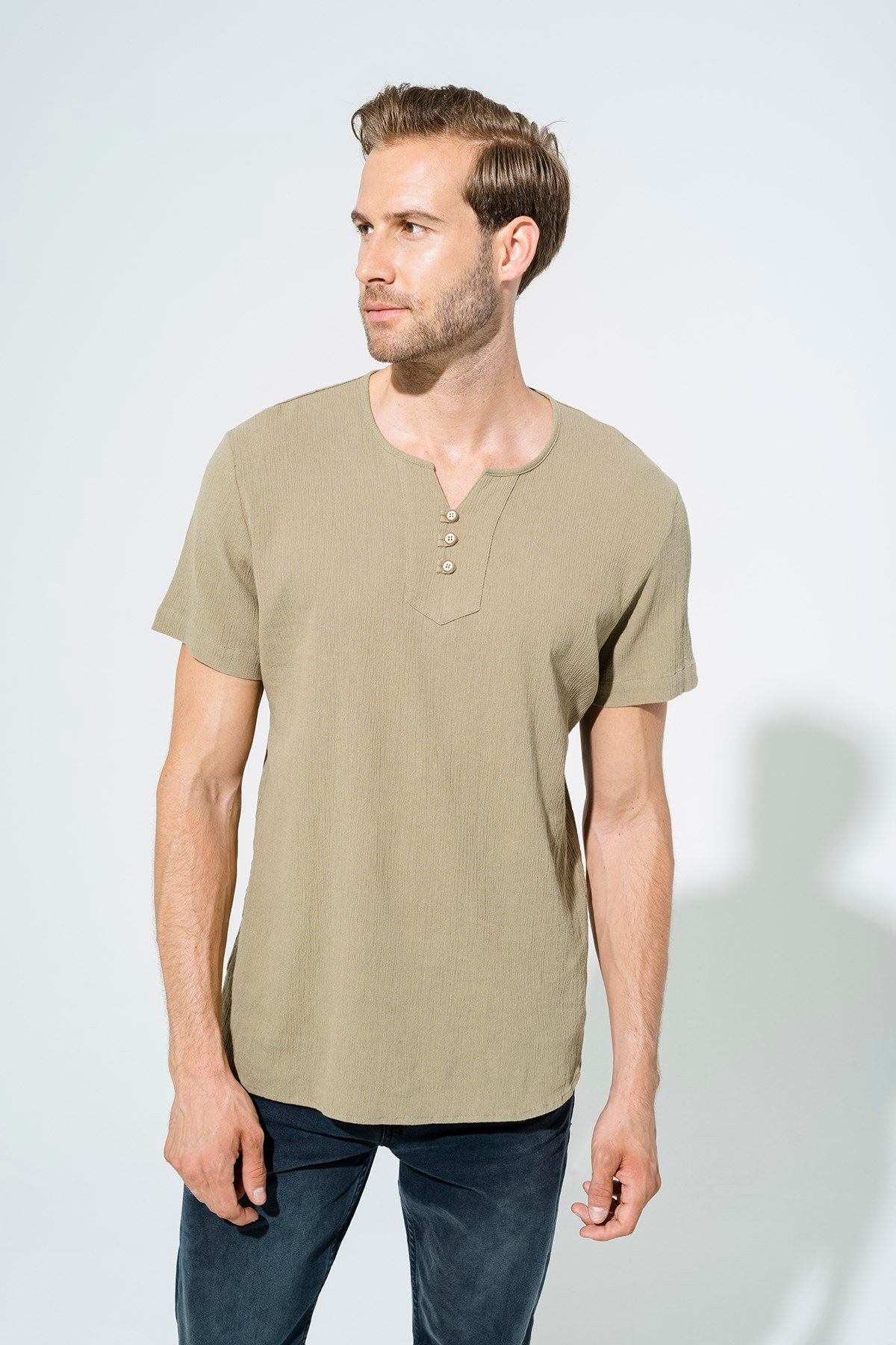 For You Man/For You Moda For You Man For You Man Organik 3 Düğme Kısakol Haki Gömlek