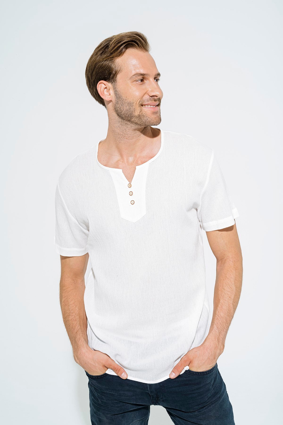 For You Man/For You Moda For You Man For You Man Organik 3 Düğme Kısakol Beyaz Gömlek