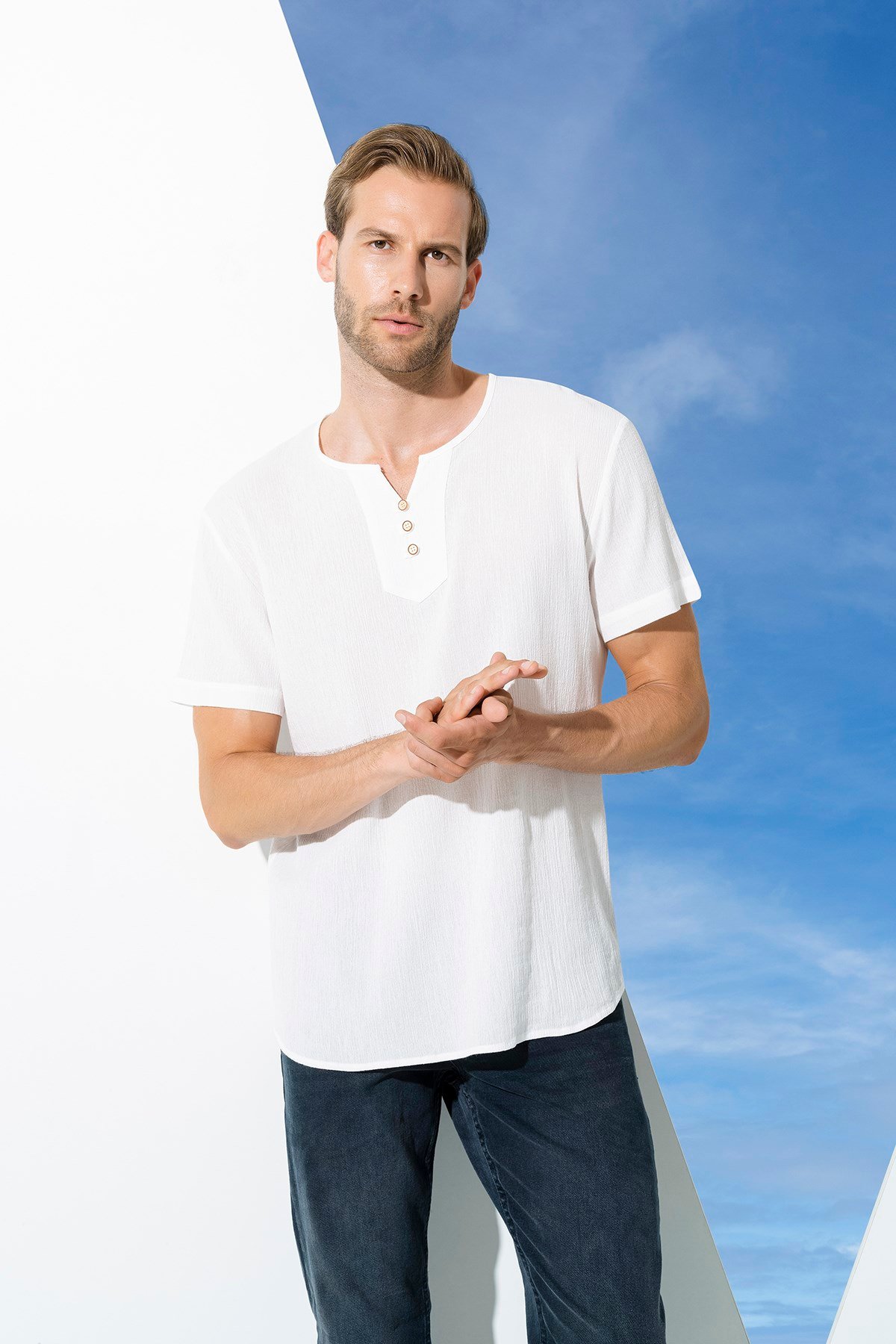 For You Man/For You Moda For You Man For You Man Organik 3 Düğme Kısakol Beyaz Gömlek