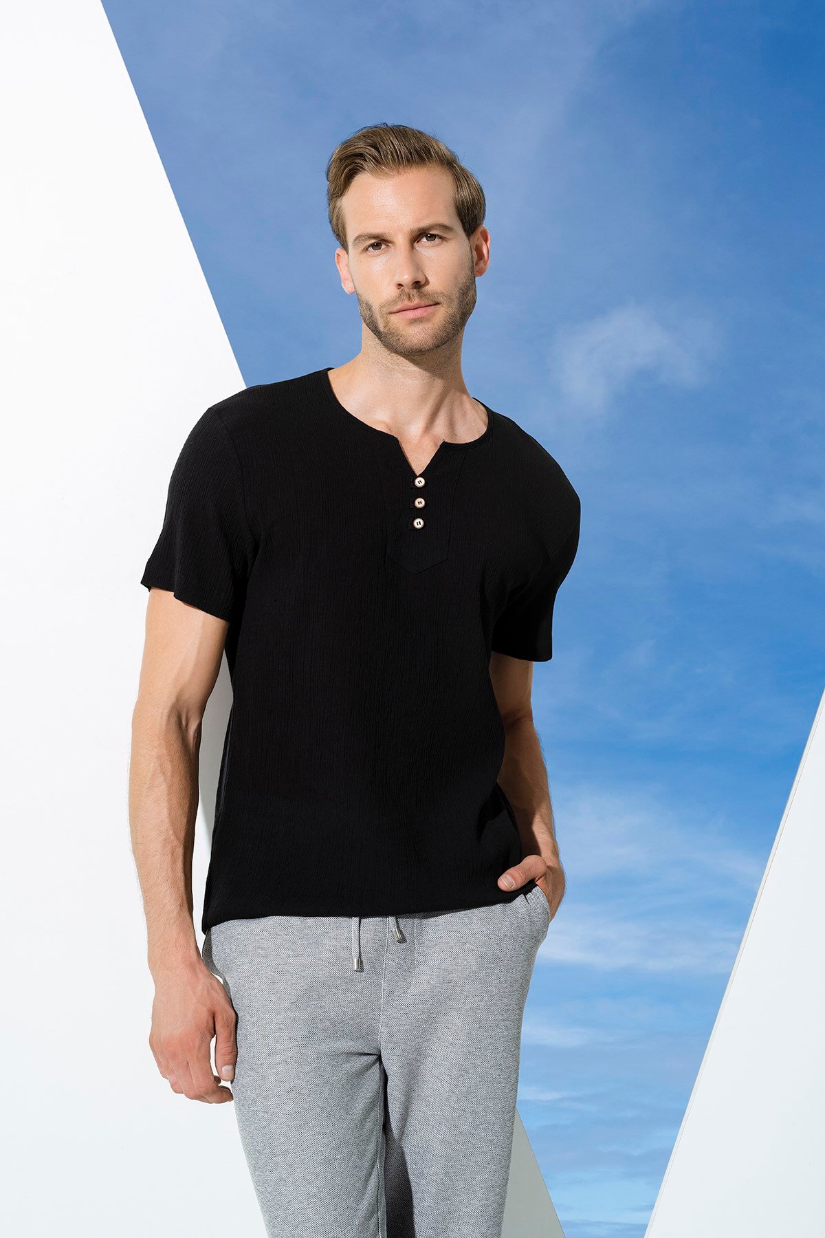 For You Man/For You Moda For You Man For You Man Organik 3 Düğme Kısakol Siyah Gömlek