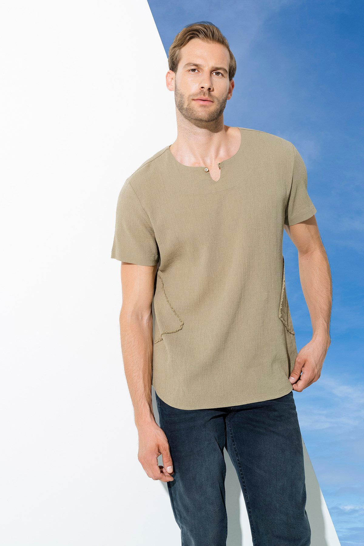 For You Man/For You Moda For You Man For You Man Organik Tek Düğme Kısakol Haki Gömlek