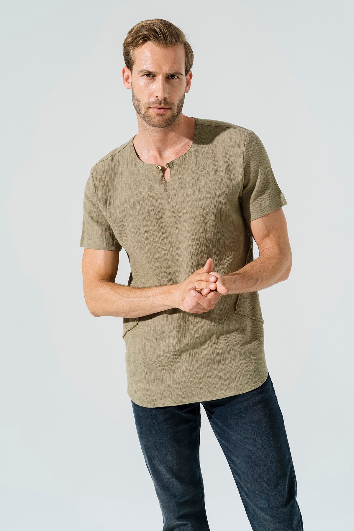 For You Man/For You Moda For You Man For You Man Organik Tek Düğme Kısakol Haki Gömlek