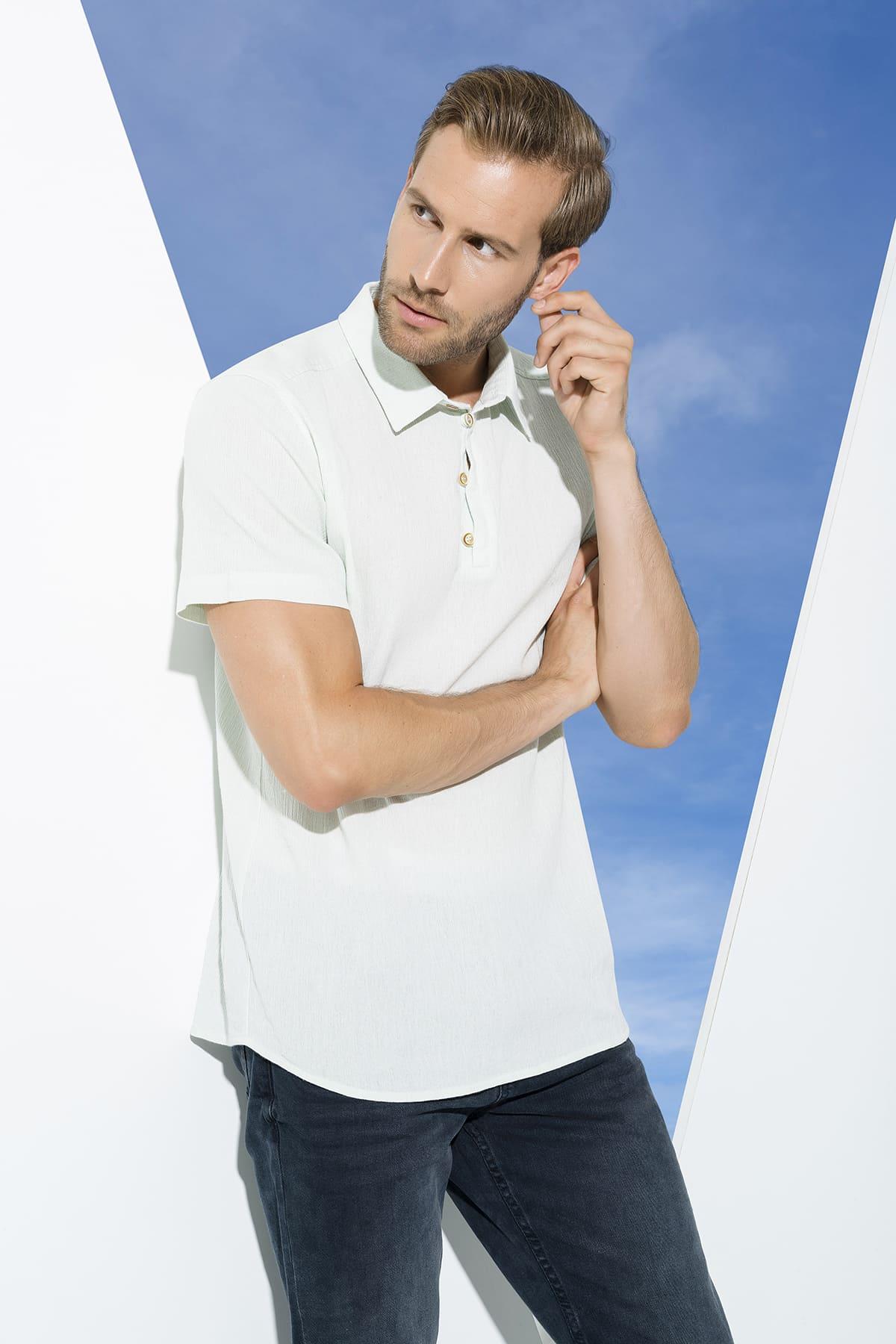 Organik 3 Düğmeli Kısakol Su Yeşili Gömlek For You Man Organik 3 Düğmeli Kısakol Su Yeşili Gömlek