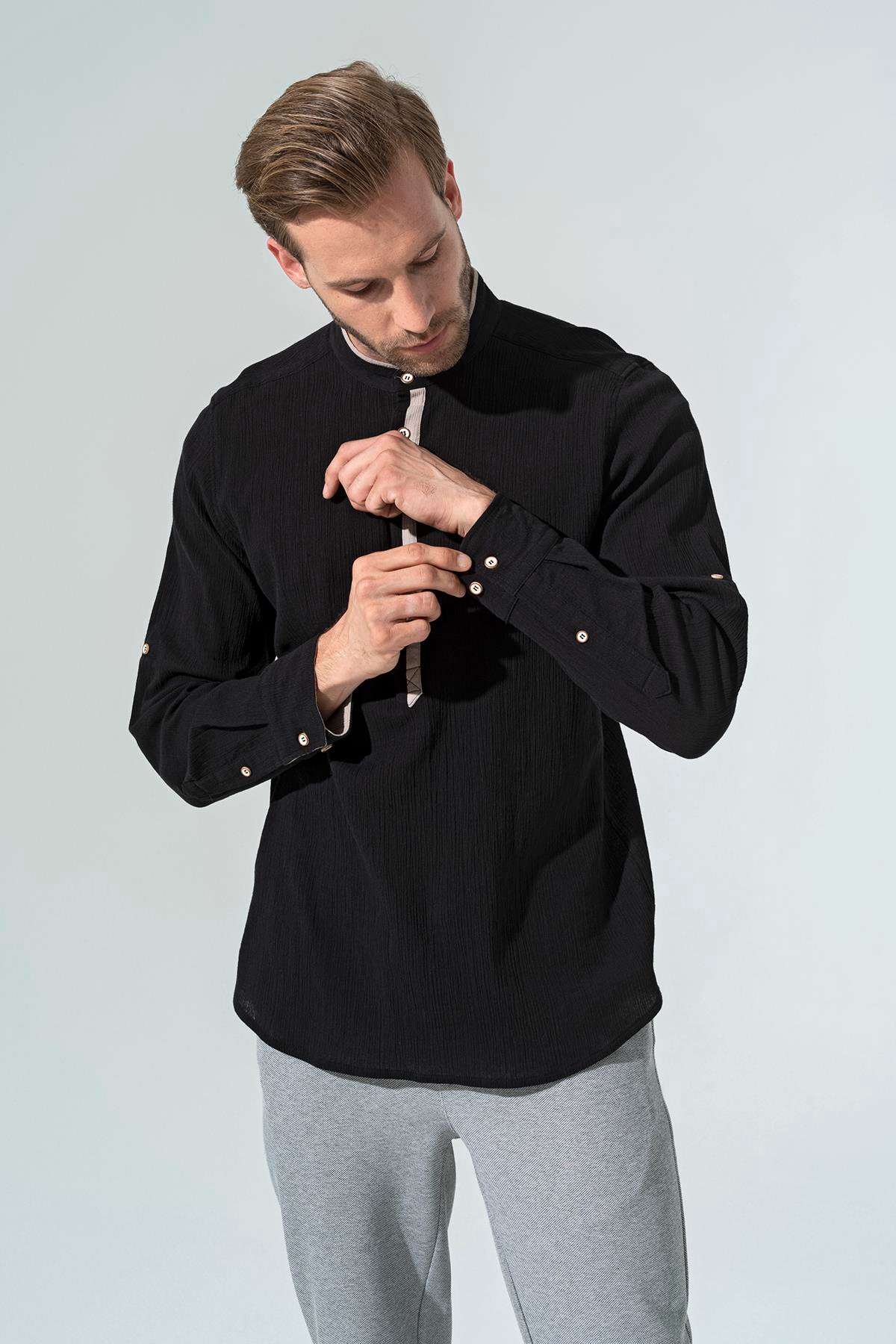 For You Man Organik Garnili Hakim Yaka Uzun Kol Siyah Gömlek For You Man Organik Garnili Hakim Yaka Uzun Kol Siyah Gömlek