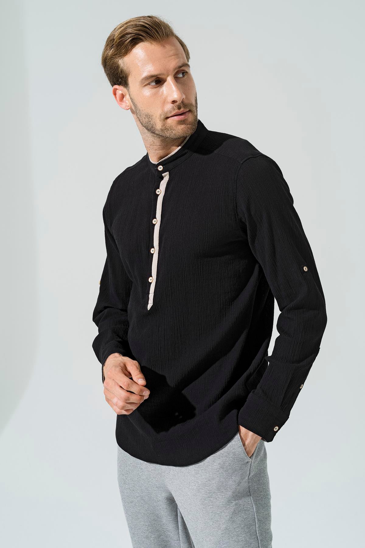 For You Man Organik Garnili Hakim Yaka Uzun Kol Siyah Gömlek For You Man Organik Garnili Hakim Yaka Uzun Kol Siyah Gömlek