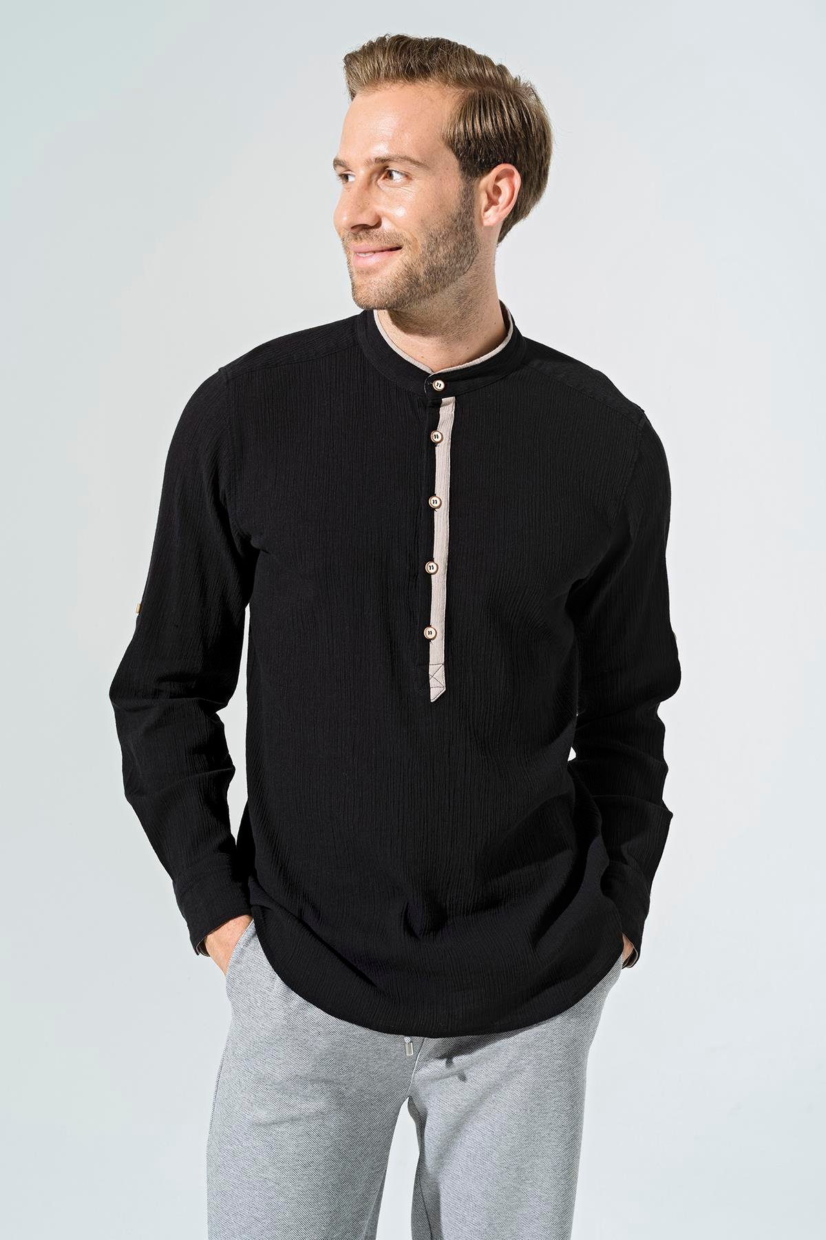 For You Man Organik Garnili Hakim Yaka Uzun Kol Siyah Gömlek For You Man Organik Garnili Hakim Yaka Uzun Kol Siyah Gömlek