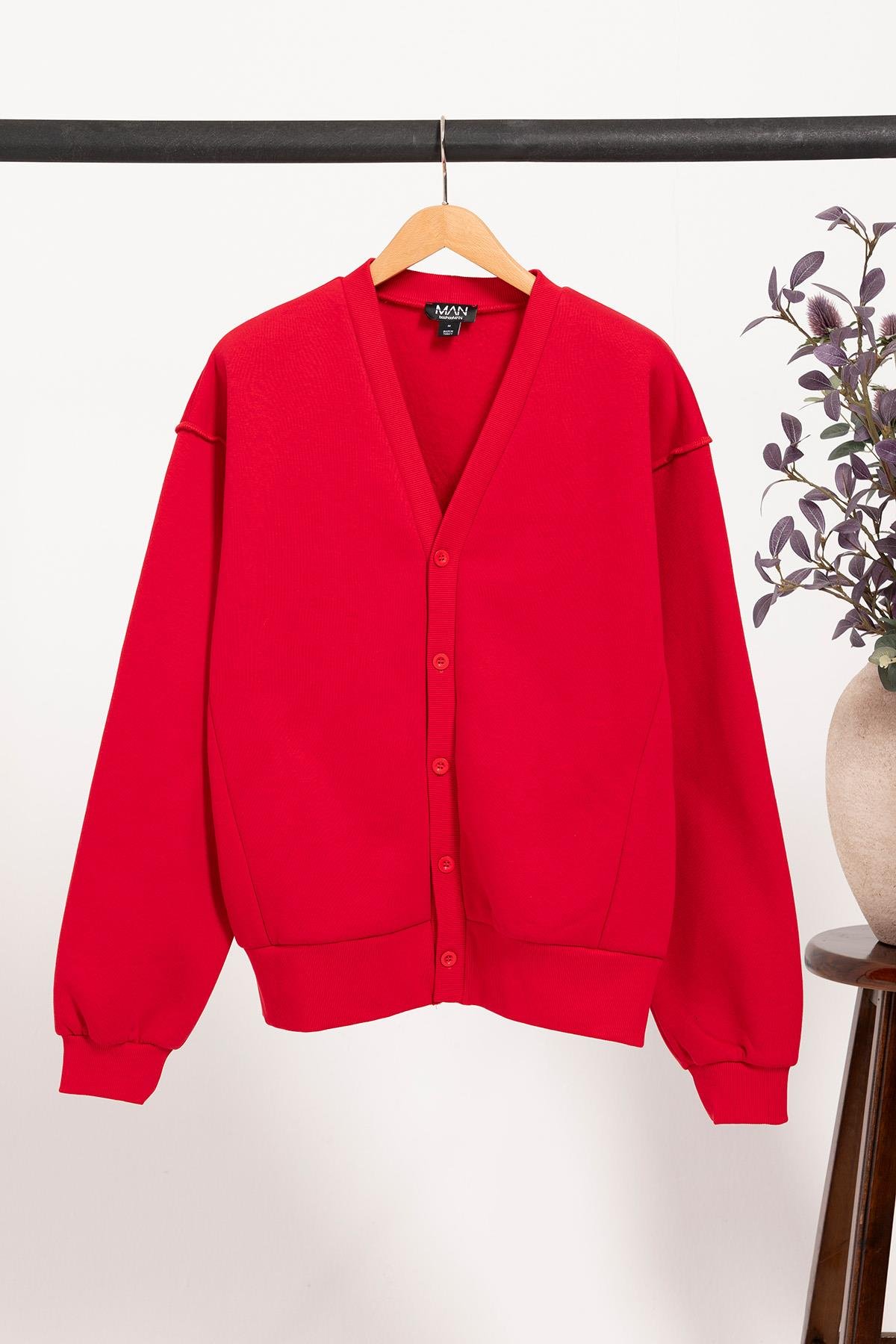 For You Man V Yaka Biyeli ve Düğmeli Erkek Hırka | Kırmızı For You Man V Yaka Biyeli ve Düğmeli Erkek Hırka | Kırmızı