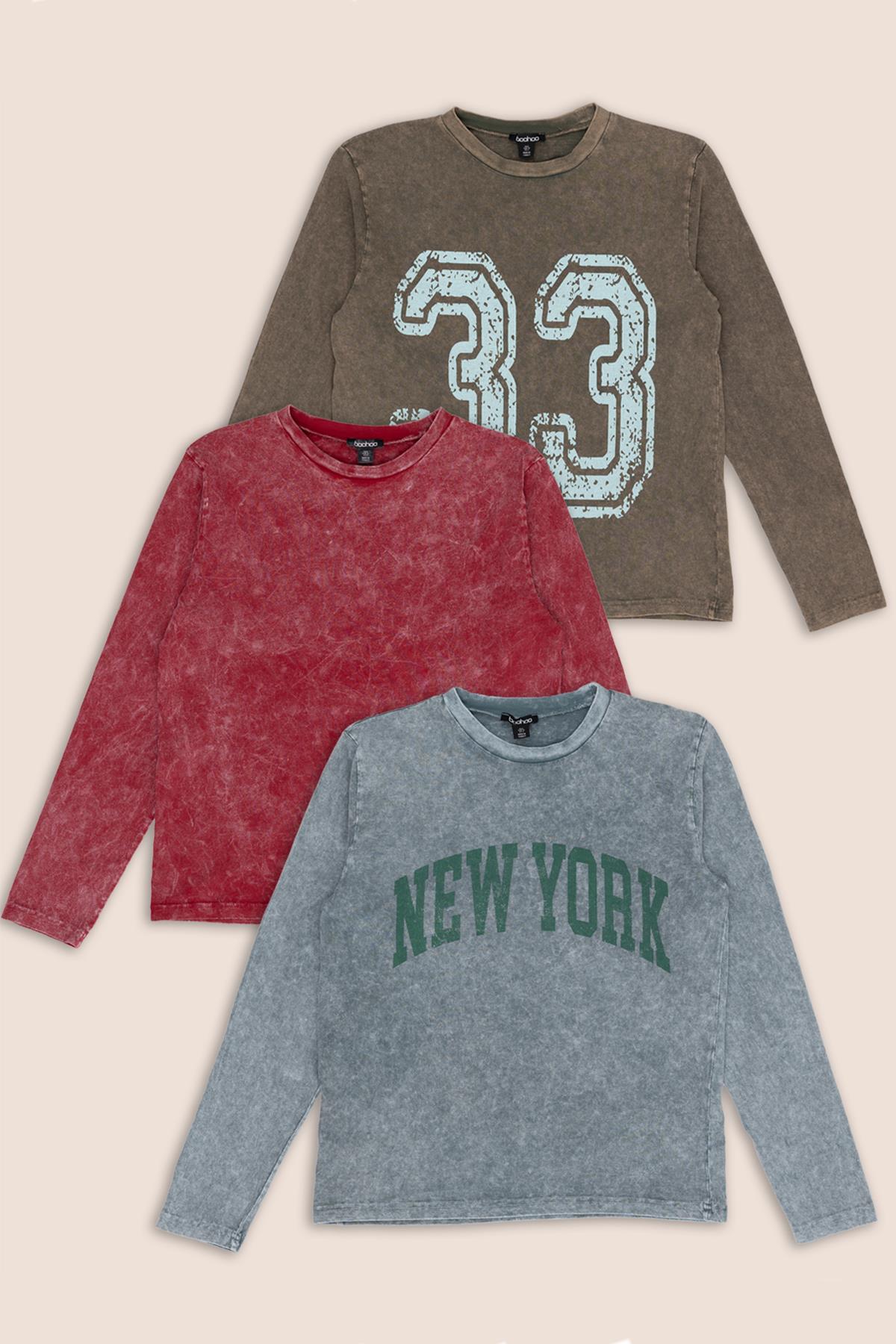 For You Moda 3'lü Baskılı Bordo Gri Kahverengi Yıkamalı Uzun Kol Tshirt For You Moda 3'lü Baskılı Bordo Gri Kahverengi Yıkamalı Uzun Kol Tshirt