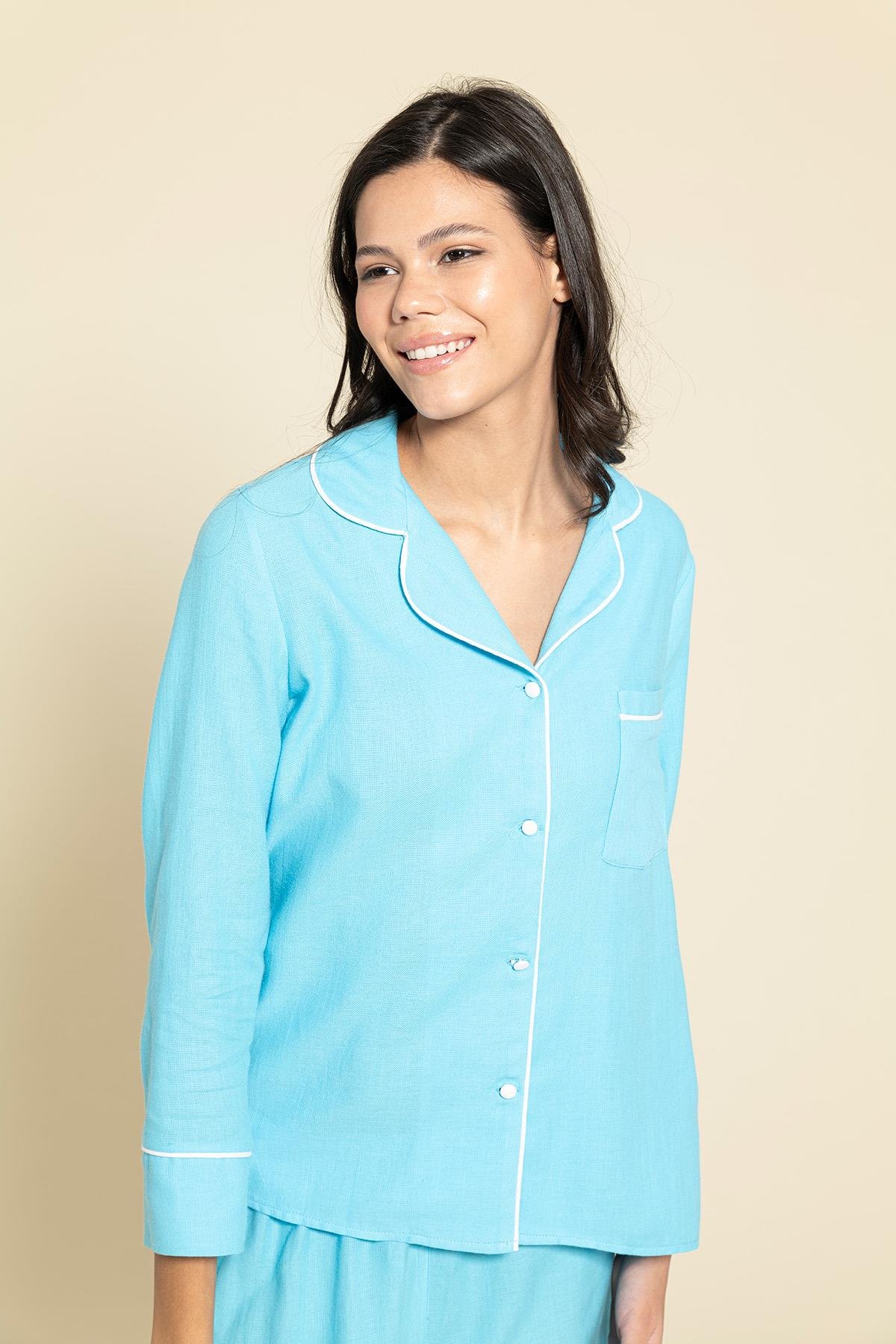 For You Moda 3'lü Organik Beyaz Biyeli Mavi Pijama Takımı For You Moda 3'lü Organik Beyaz Biyeli Mavi Pijama Takımı