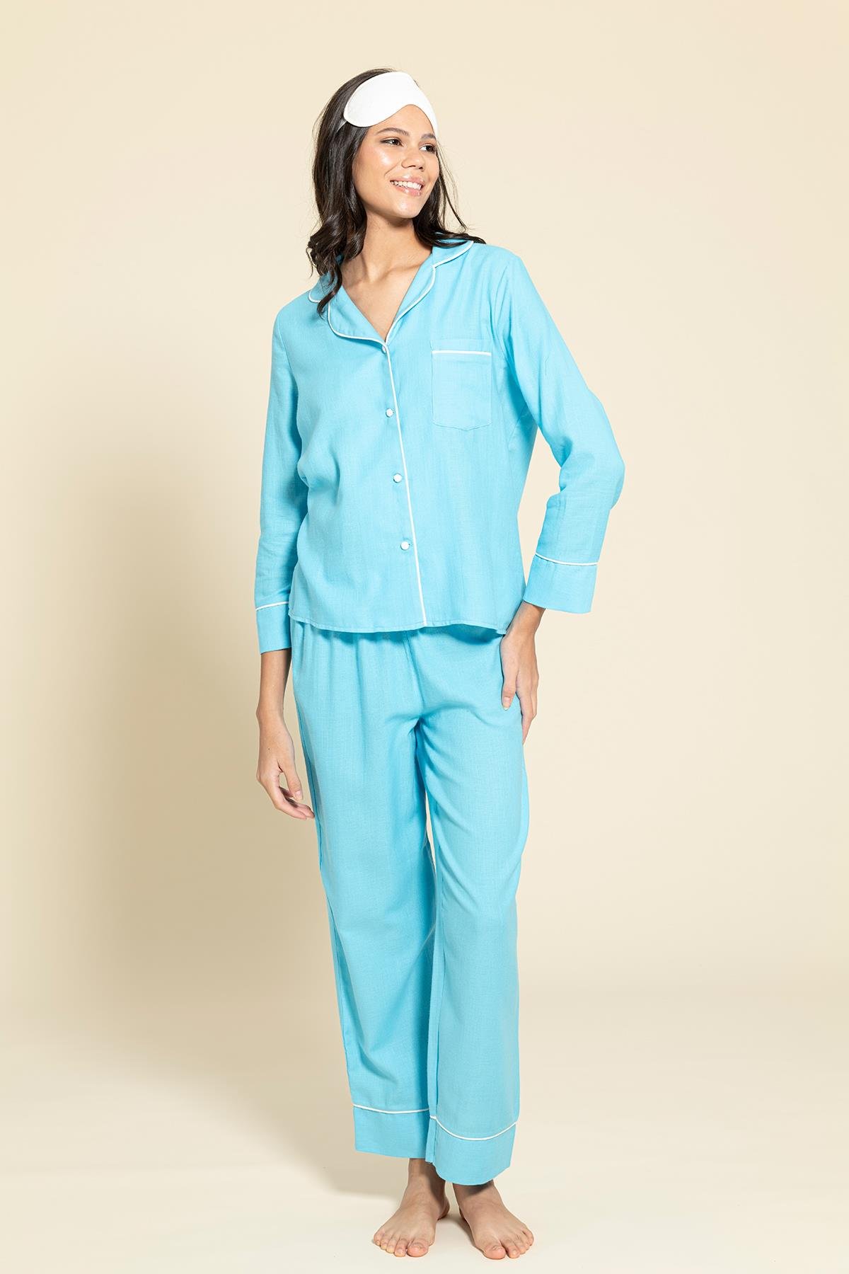 For You Moda 3'lü Organik Beyaz Biyeli Mavi Pijama Takımı For You Moda 3'lü Organik Beyaz Biyeli Mavi Pijama Takımı