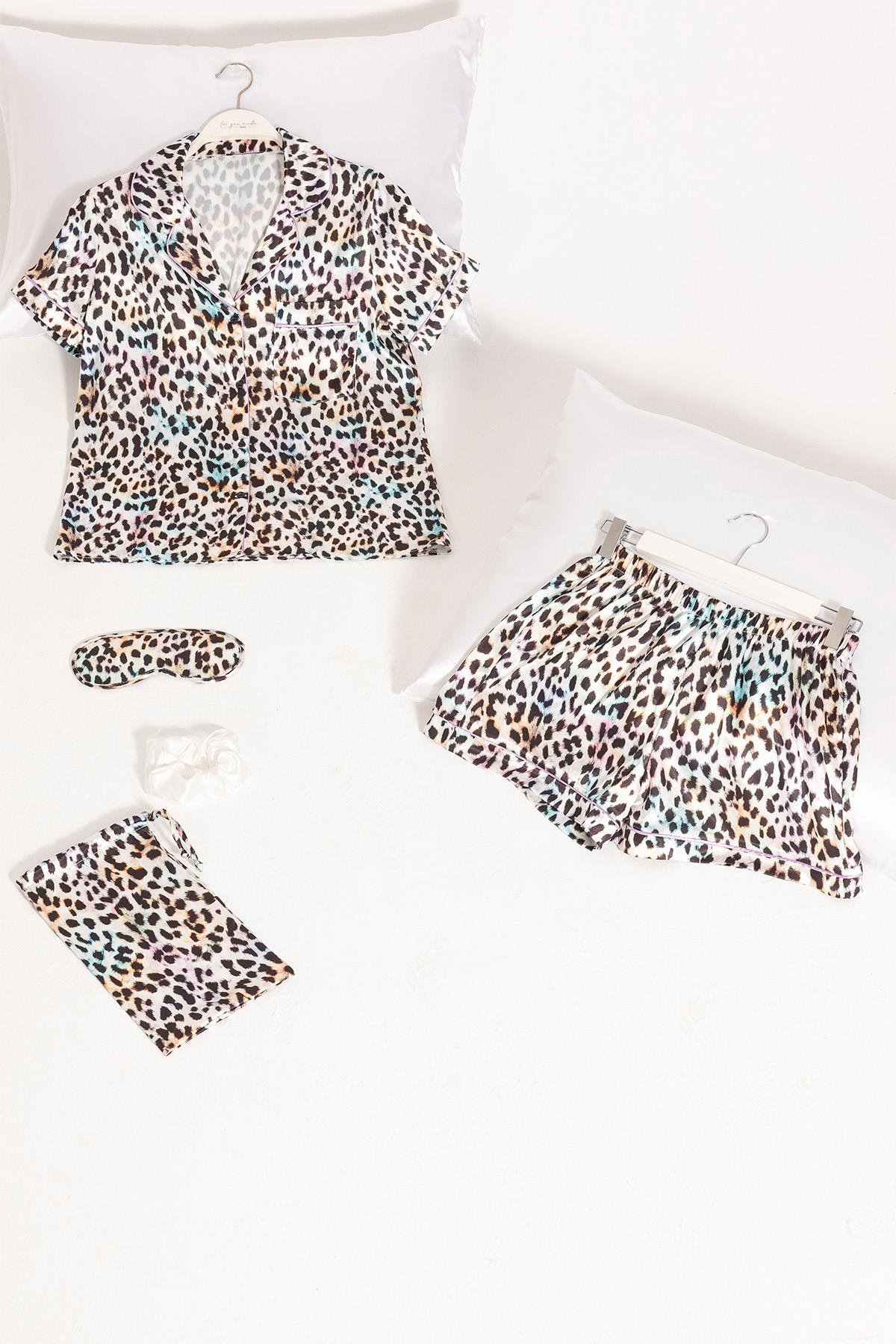 For You Moda 5'li Leopar Desenli Saten Pijama Şort Takım For You Moda 5'li Leopar Desenli Saten Pijama Şort Takım