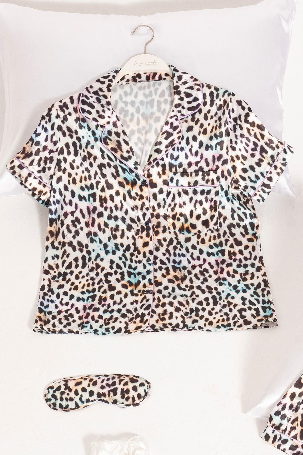 For You Moda 5'li Leopar Desenli Saten Pijama Şort Takım For You Moda 5'li Leopar Desenli Saten Pijama Şort Takım