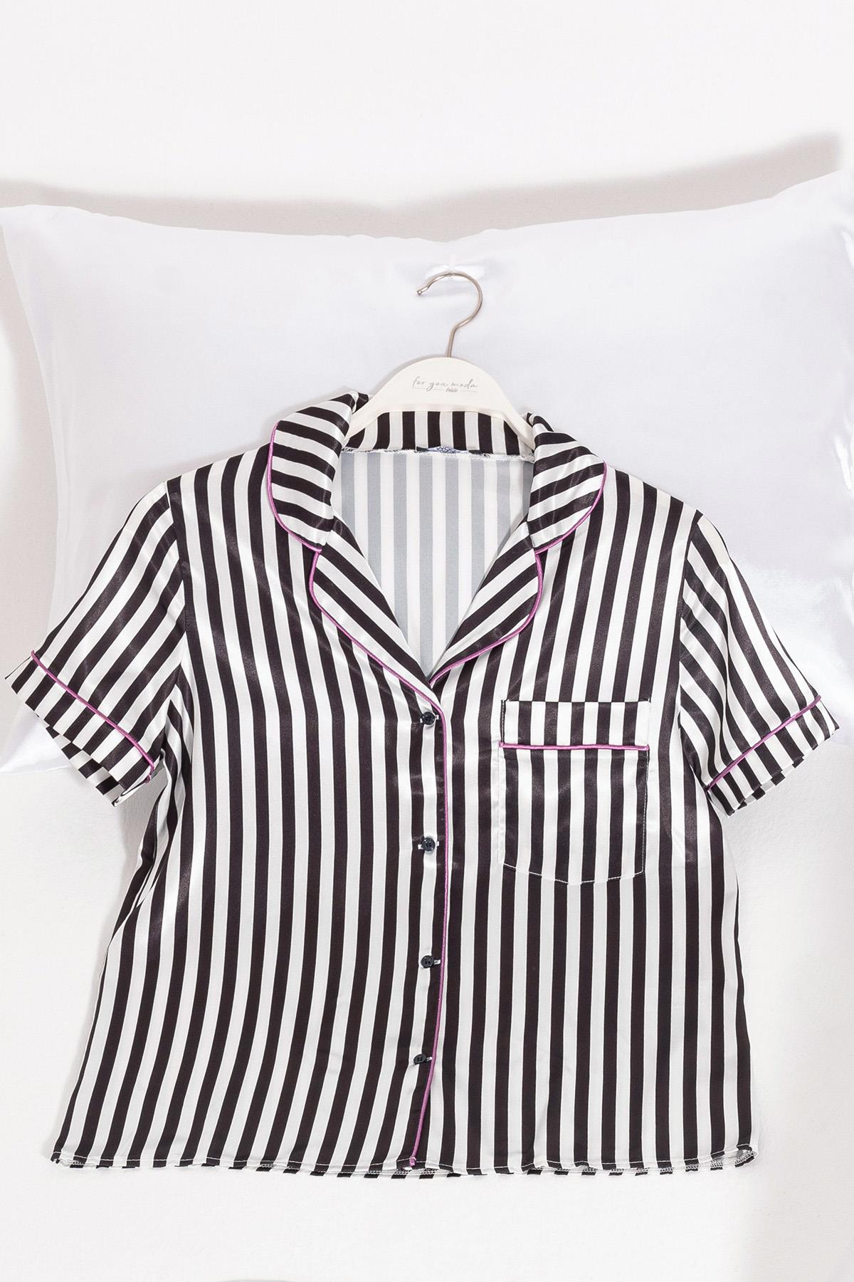 For You Moda 5'li Siyah Beyaz Çizgili Saten Pijama Şort Takım For You Moda 5'li Siyah Beyaz Çizgili Saten Pijama Şort Takım