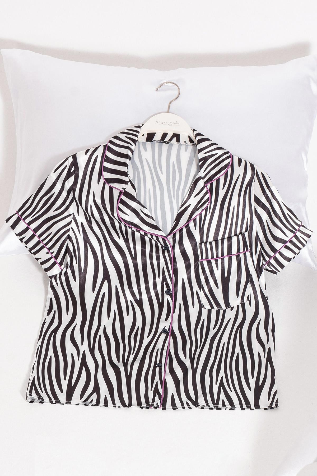 For You Moda 5'li Zebra Desenli Saten Pijama Şort Takım For You Moda 5'li Zebra Desenli Saten Pijama Şort Takım