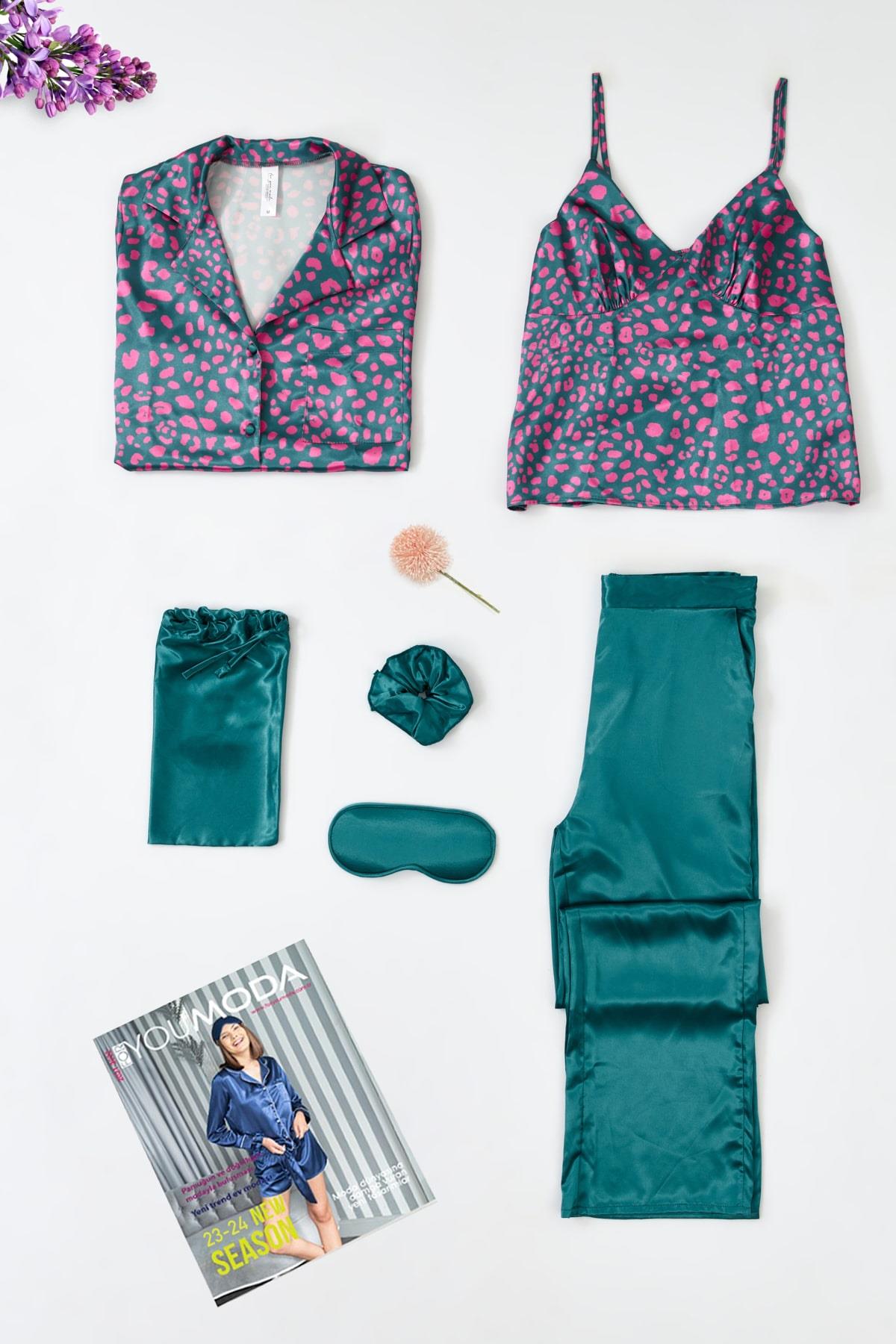 6'lı Leopar Baskılı Yeşil Pijama Takımı For You Moda 6'lı Leopar Baskılı Yeşil Pijama Takımı