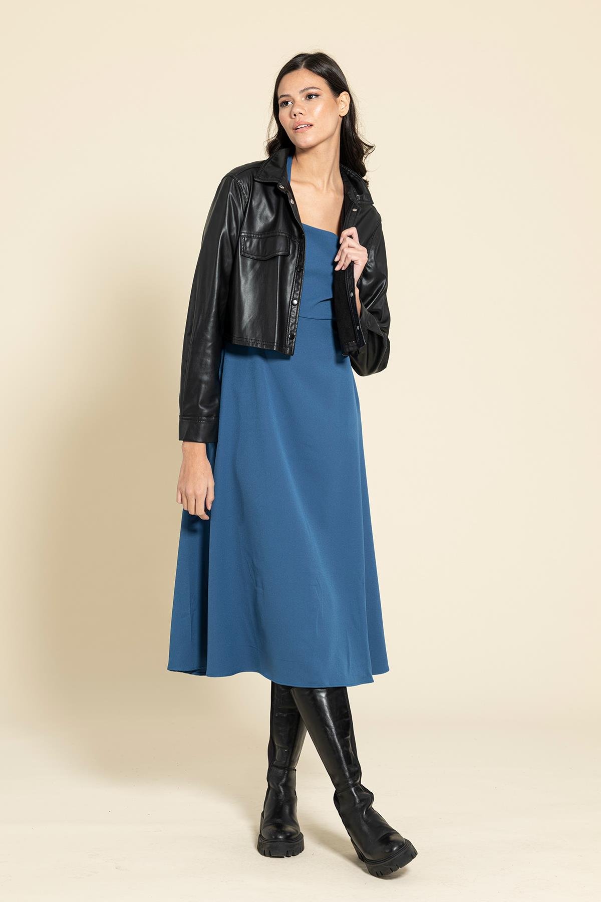 For You Moda Kare Yaka Kuşaklı Mavi Elbise For You Moda Kare Yaka Kuşaklı Mavi Elbise