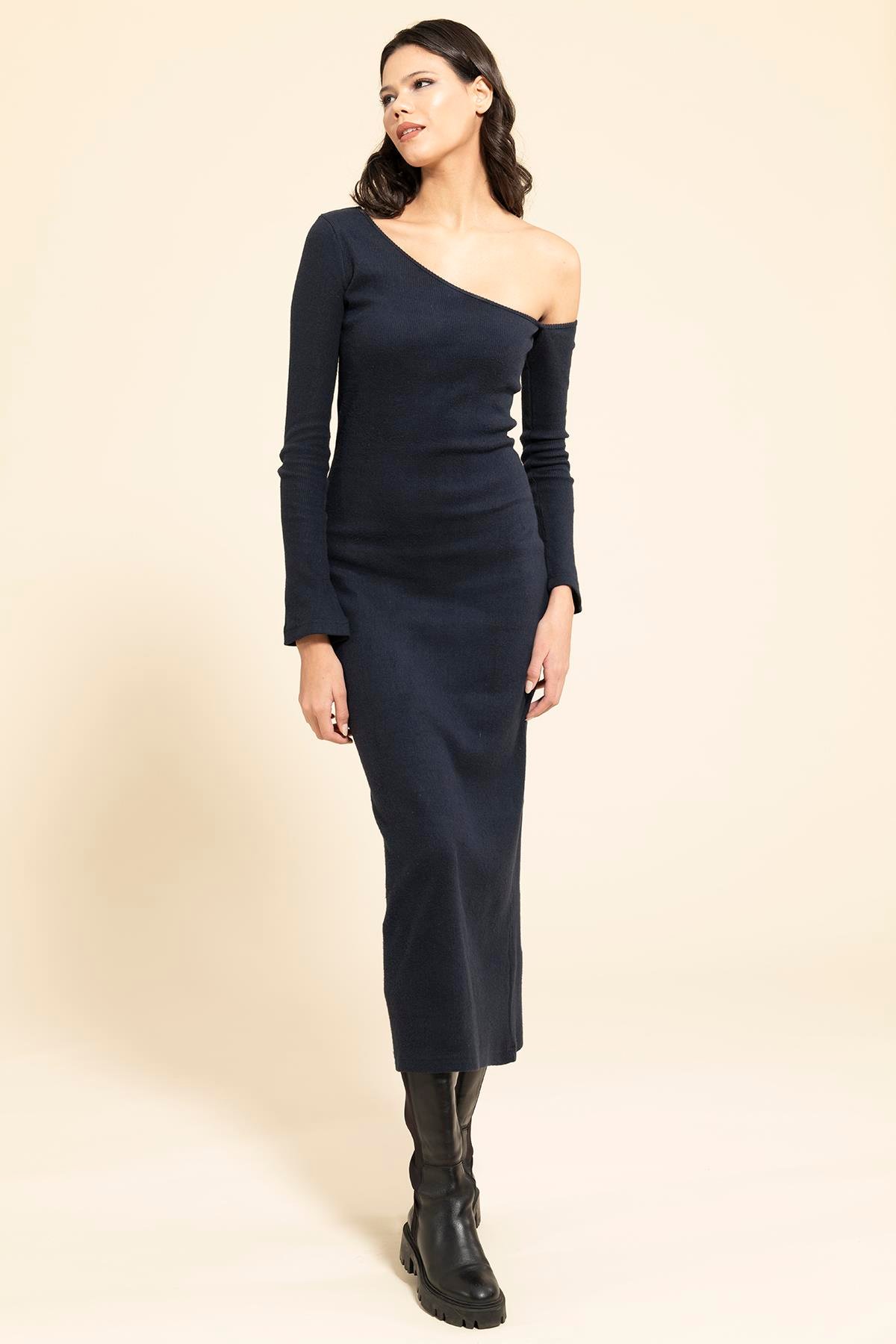 For You Moda Tek Omuz Asimetrik Lacivert Elbise For You Moda Tek Omuz Asimetrik Lacivert Elbise