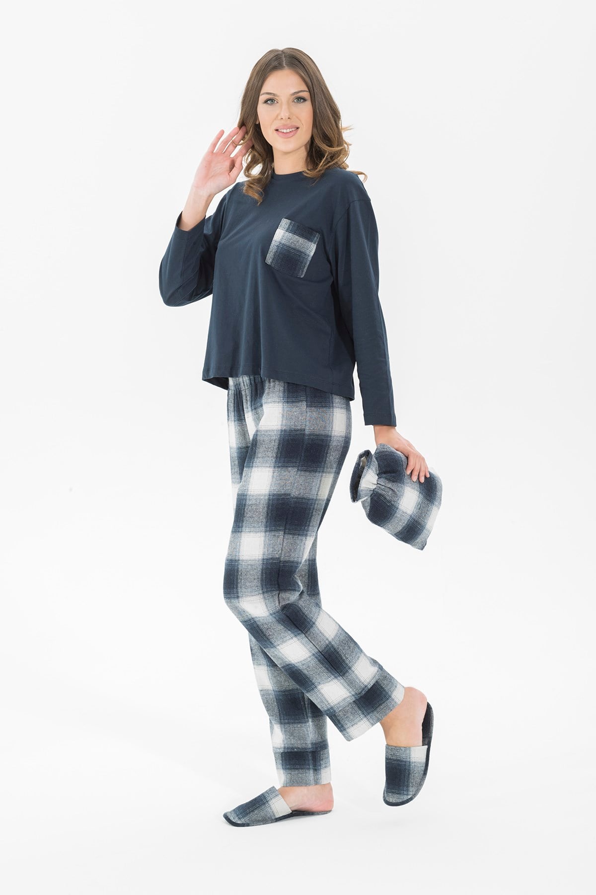 For You Moda Kadın 5 li Terlikli Gri Siyah Pijama Takımı