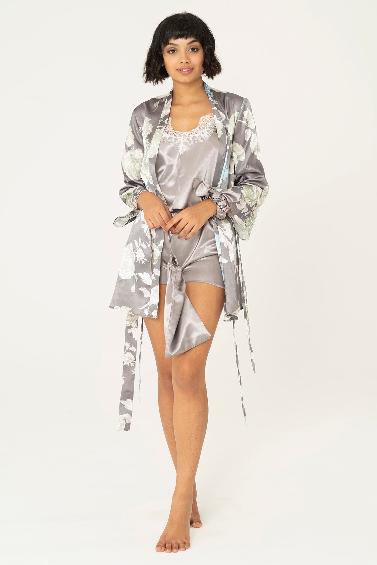 For You Moda Kadın 7 li Saten Çiçekli Gri Pijama Takımı