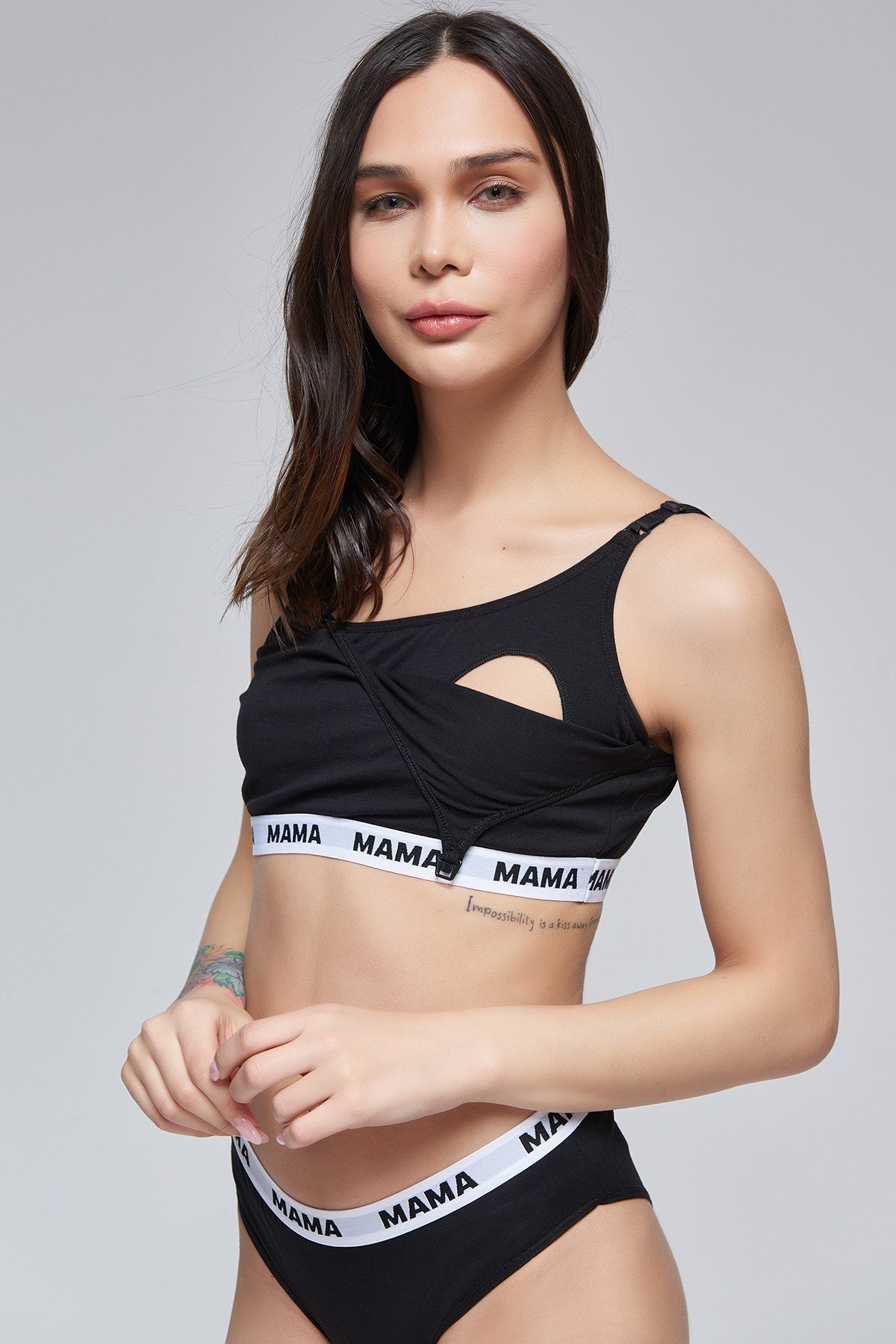 For You Moda Kadın Mama Baskılı Siyah Hamile Emzirme Sütyen Külot Takım
