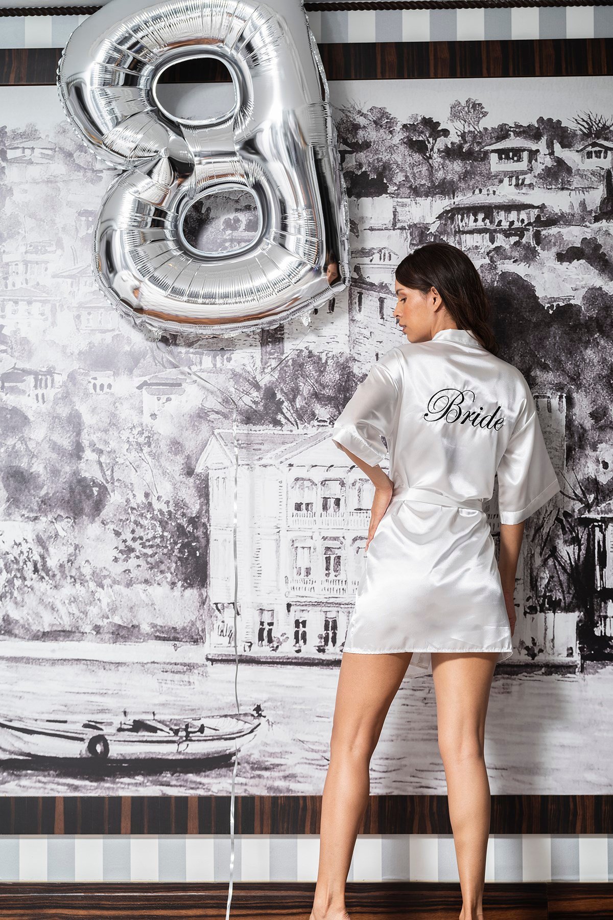 For You Moda Siyah Bride Nakışlı Ekru Saten Gelin Sabahlığı 